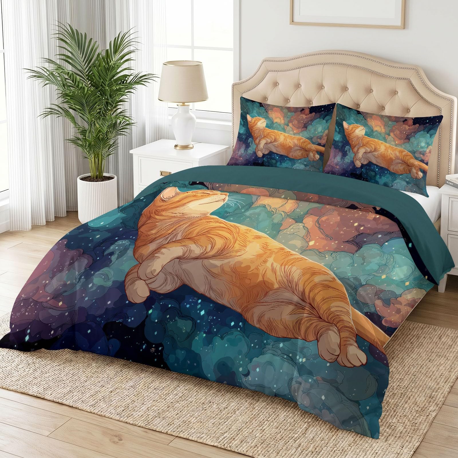 Cosmic Dreamy Starry - Juego de funda de edredón y funda de almohada, diseño de gato atigrado nube, microfibra suave, 230 x 220 cm, reversible, hipoalergénica, para niños y niñas, fácil cuidado, sin