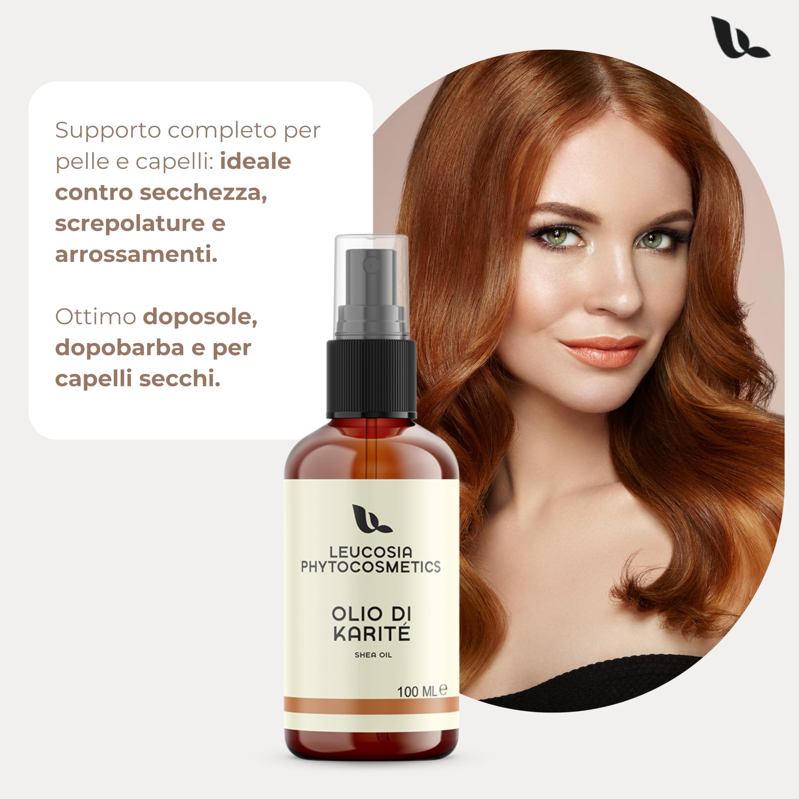 Leucosia Burro di Karitè Puro Liquido 100 ml, Comodo Flacone Spray, Idratante Naturale per Viso, Corpo, Capelli, Pelle Secca, Rughe e Smagliature