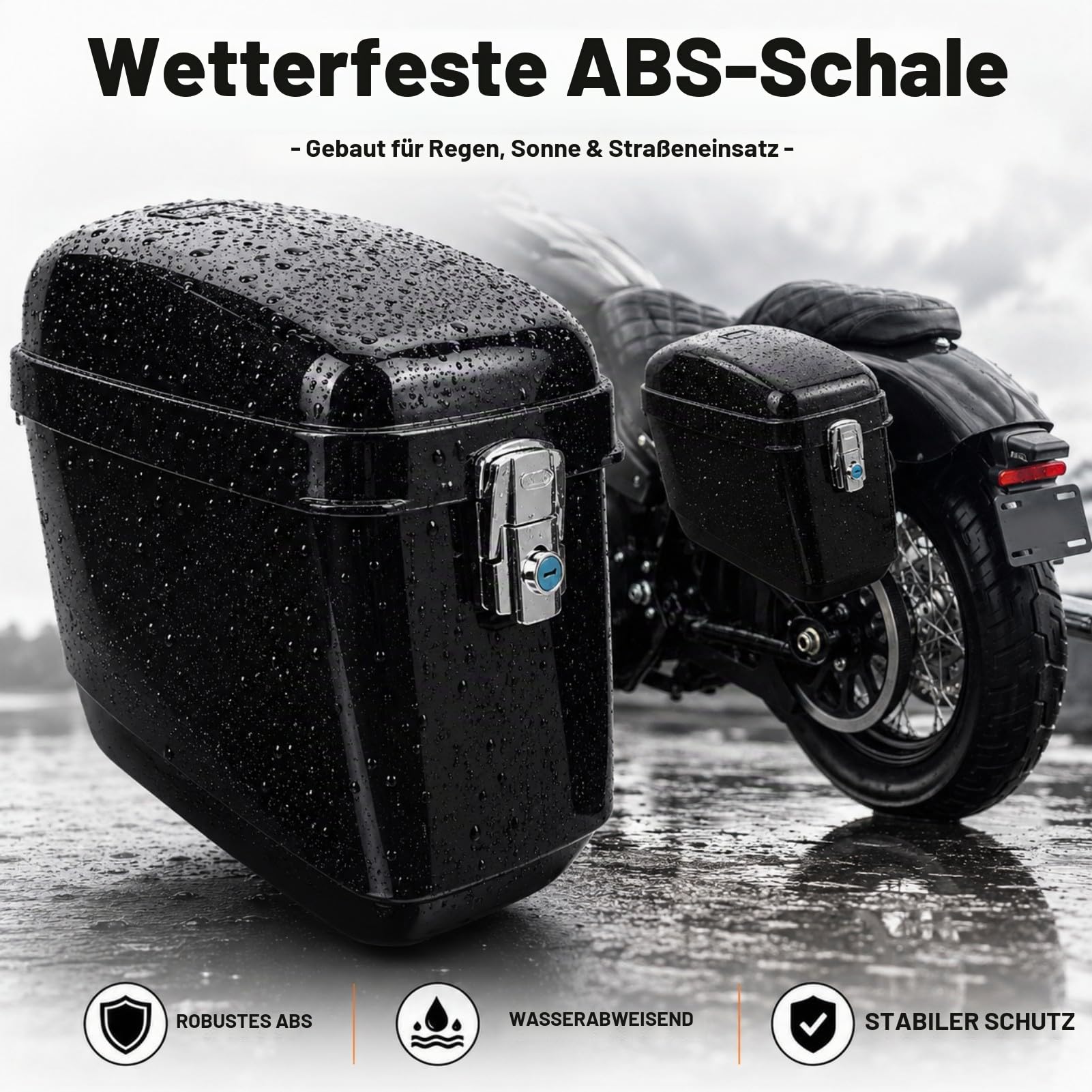 45L Motorrad Seitenkoffer mit Montagesatz, Abschließbare ABS Hartschalen Satteltaschen, Universal Seitentasche für Cruiser Chopper Touring, Wasserabweisende Motorrad Tasche Schwarz