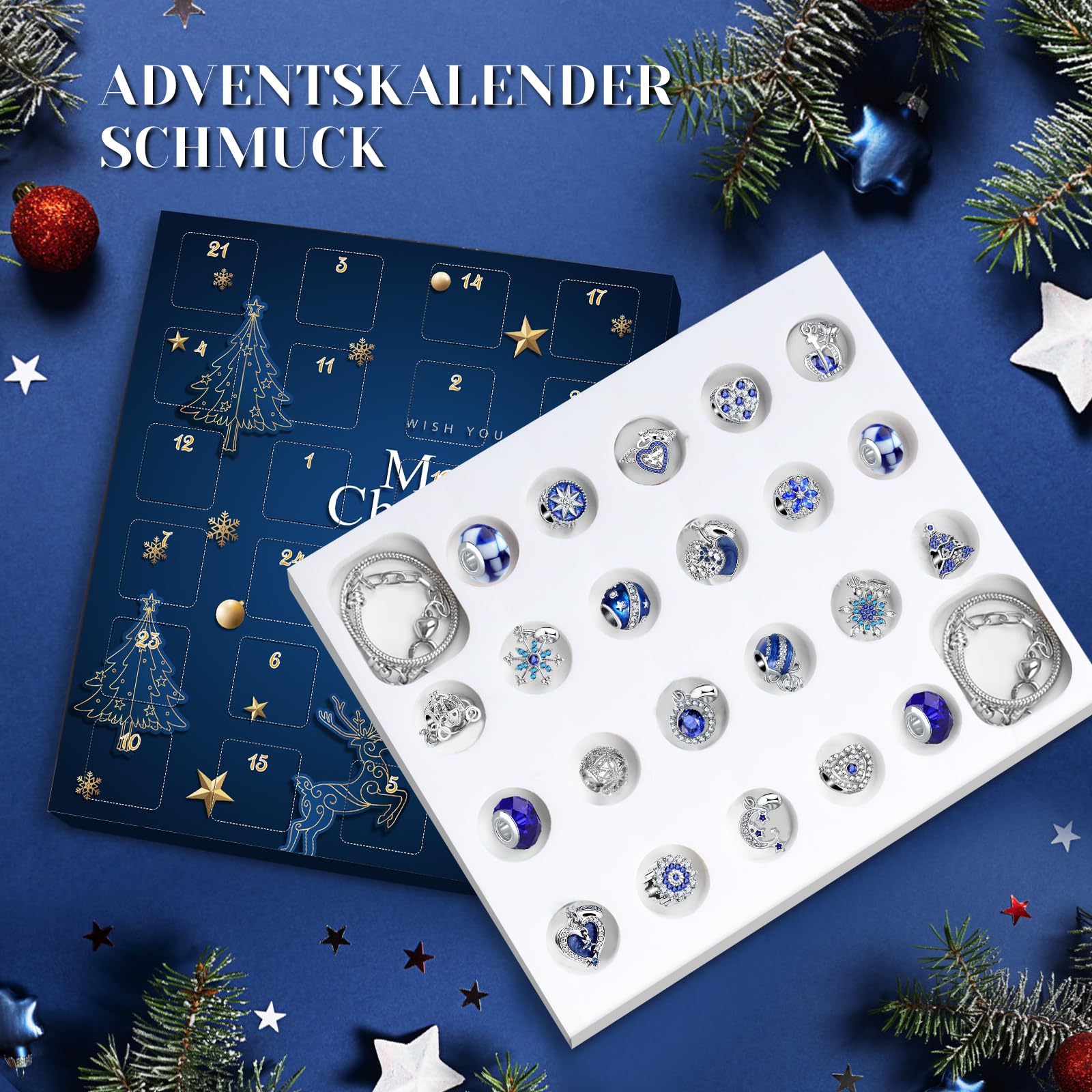 KAZATE Calendario dell'Avvento 2024 Donna Gioielli Bracciale,Calendario Avvento Ragazza Sorprese Regali,Bambina Natalizi Ciondoli Kit 2 Catene 22 Charms Accessori fai da te Perline Blue