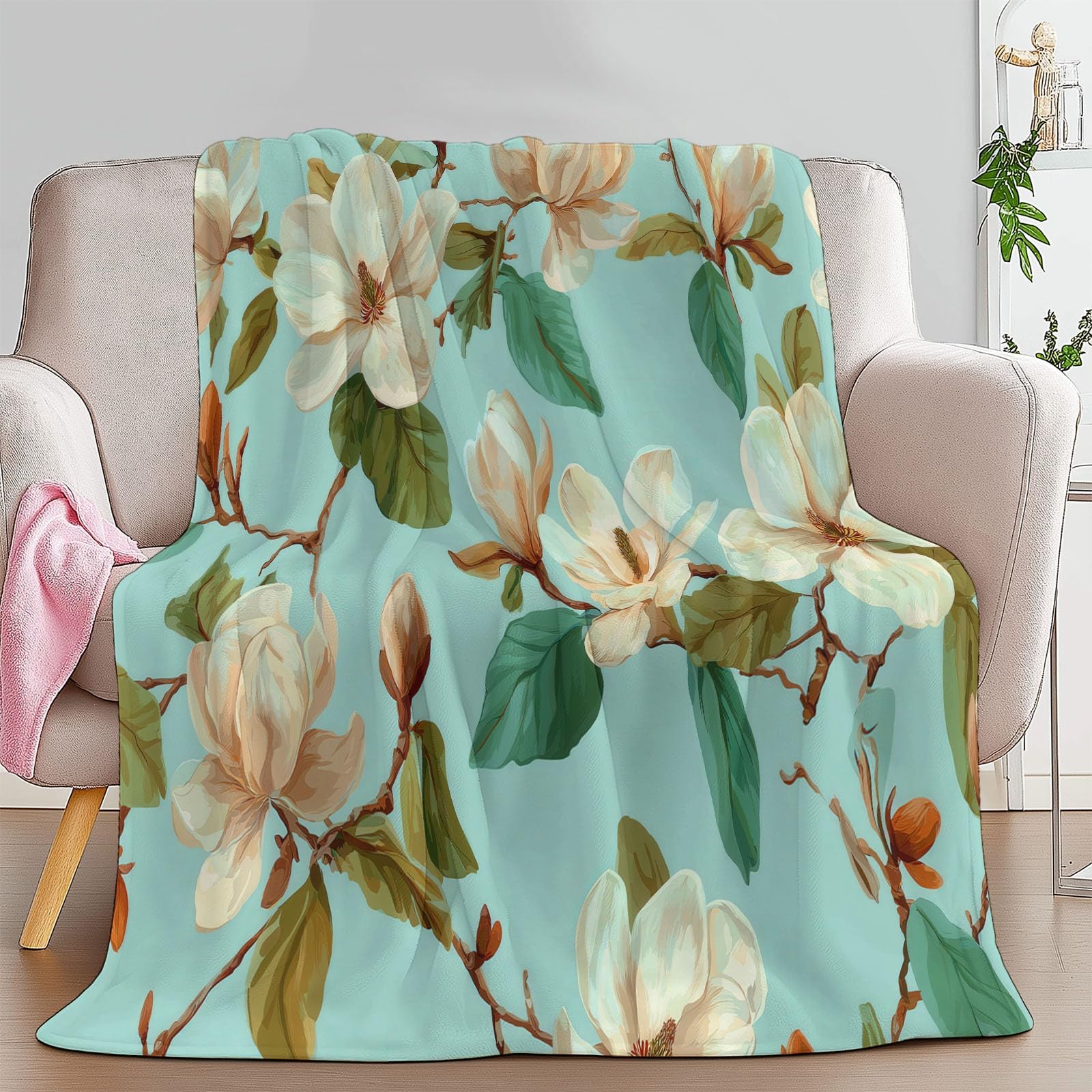 Coperta in flanella, motivo magnolia in stile champagne, 150 x 200 cm, coperte in pile in microfibra pile per tutte le stagioni, per viaggi, divano per bambini, adulti, verde