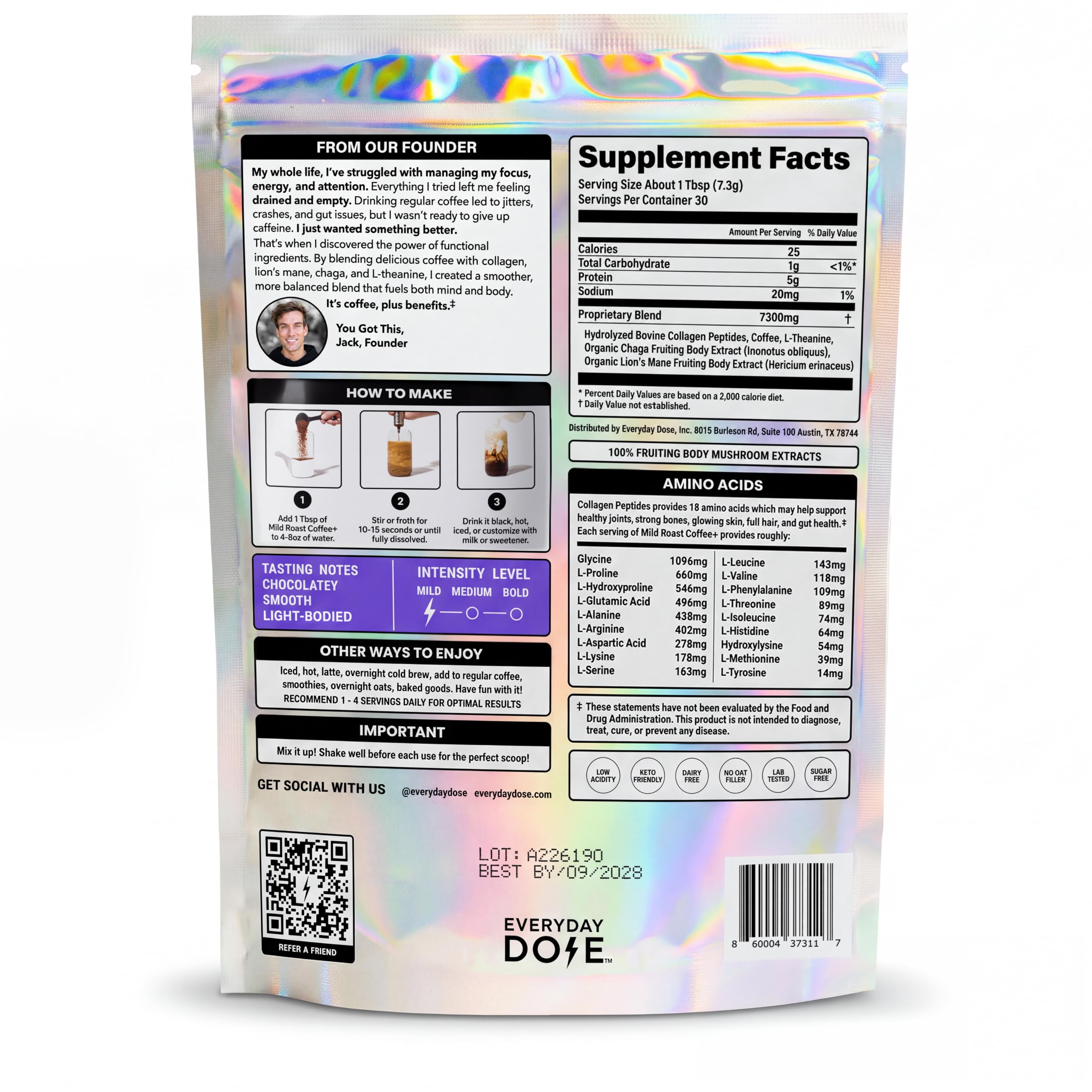 Everyday Dose Premium Adaptogenic Mushroom Coffee with Grass-Fed Collagen, Chaga, Lions Mane & L-Theanine for Better Focus, Energy, Digestion, Skin, and Immunity 30 Servings — Amazon image 3
