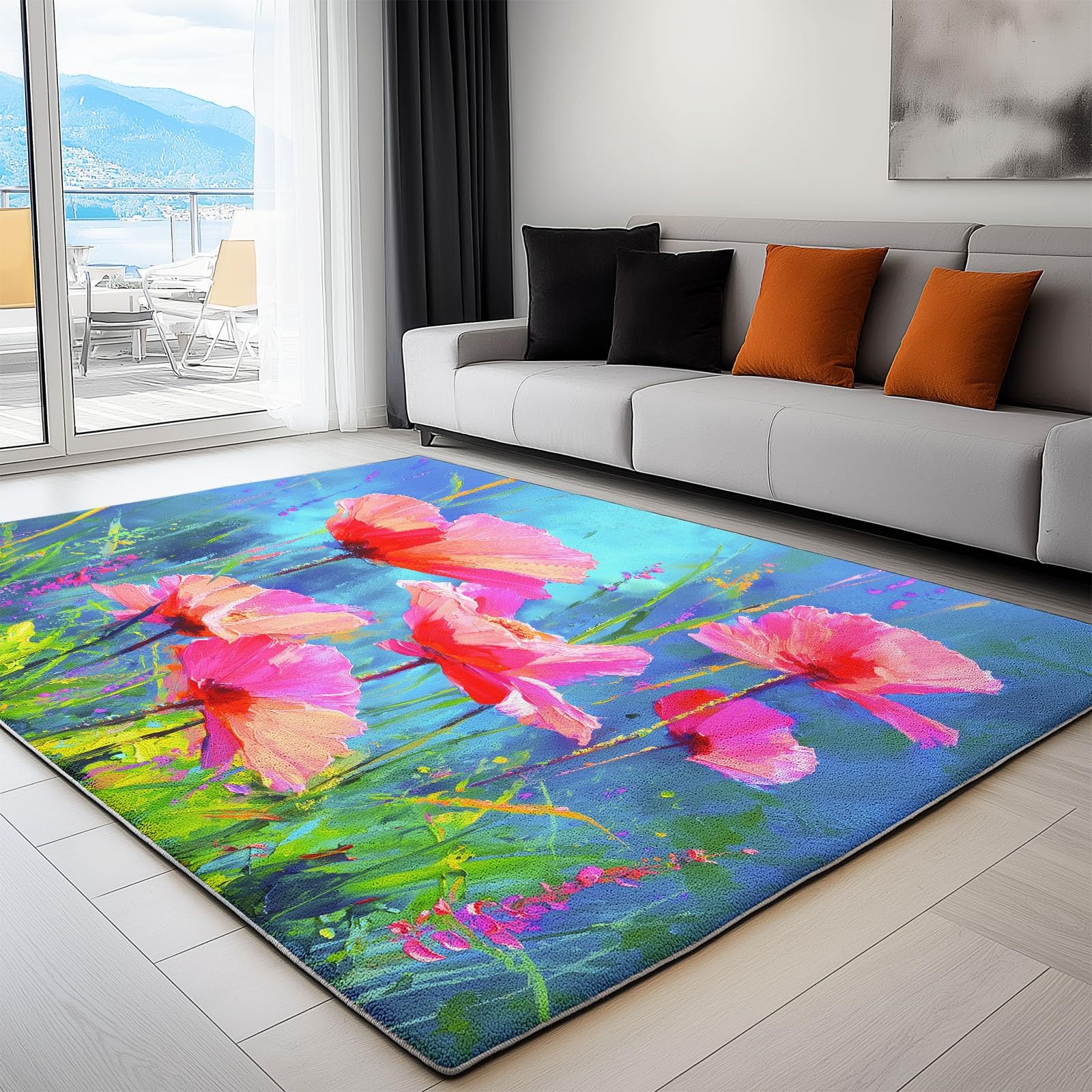 Dywan do salonu abstrakcyjny obraz olejny kwiaty trawa, krótki polar duże dywaniki 140 x 200 cm miękkie, zmywalne, idealne do sypialni, przedpokoju salonu, kuchni, biura, wnętrz niebieski