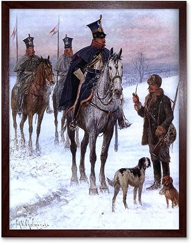 Wee Blue Coo Póster enmarcado de pintura de Jan Chelminski, caballería, guerra napoleónica, Polonia, póster enmarcado para decoración de pared, 12 x