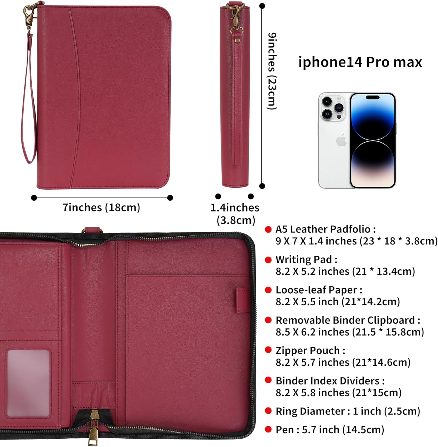 WASON Portfolio A5 Binder Journal with Zipper - Leather pu Writing Notebook Padfolio with Detachable Refillable Notebook, Legal Pad for Business Study and Travel Organizer (Red)