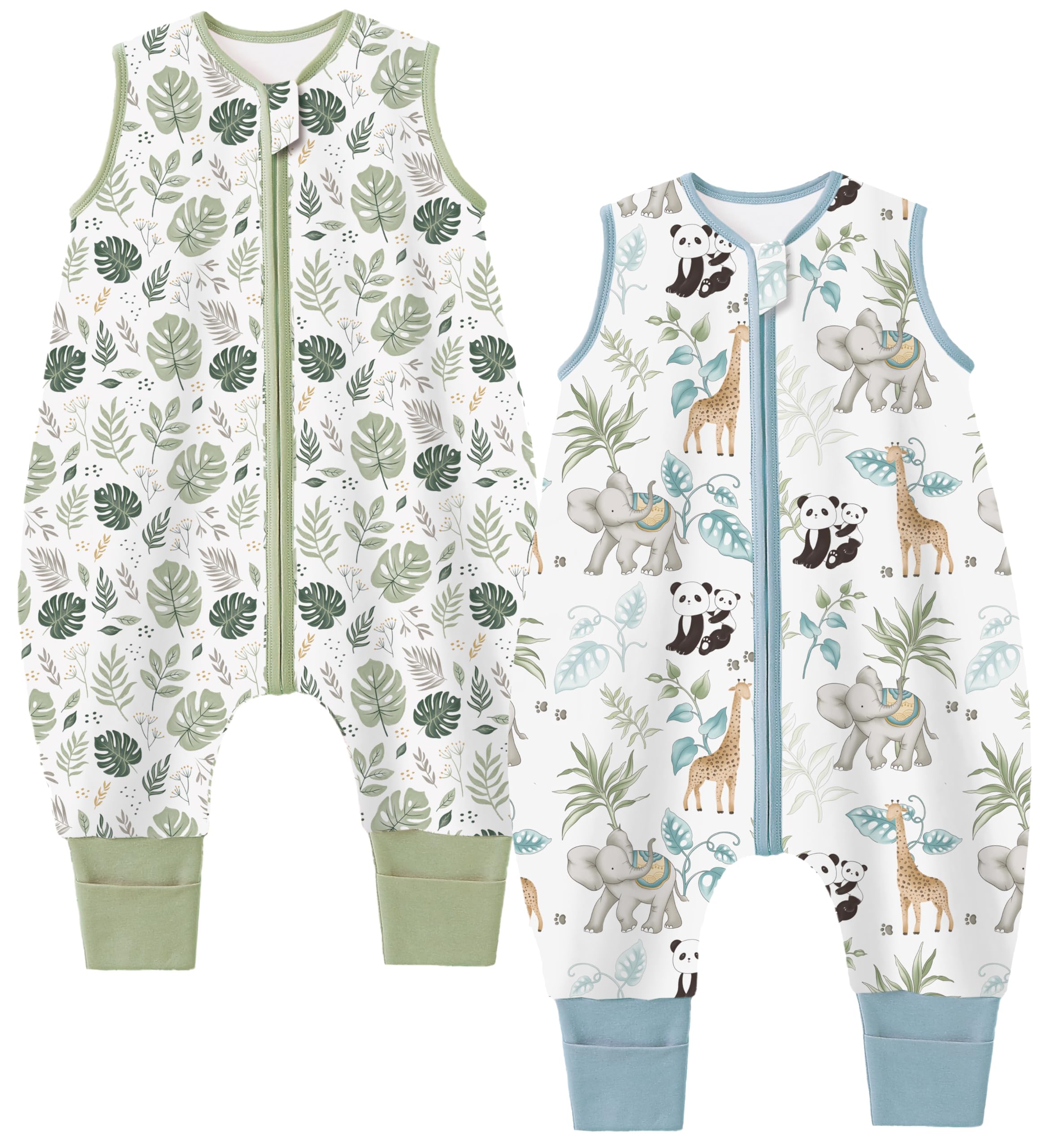 Teechodina Baby Schlafsack mit Füßen 2er Pack 100% Baumwolle 1.5 Tog Baby Schlafsack mit Beinen für kleine Kinder, 1.5 Tog/Zoo + Pflanzen, 80cm/Baby Höhe 90-100cm