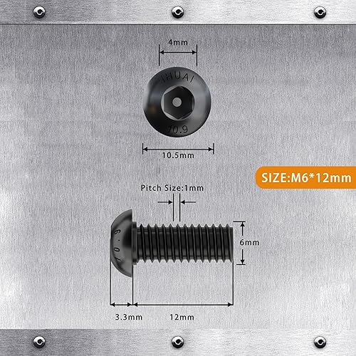Miniatura 2 de Tornillos de cabeza de botón M6-0.039 x 0.472 in, acero de aleación de grado 10.9, acabado de óxido negro, rosca de máquina, unidad de enchufe