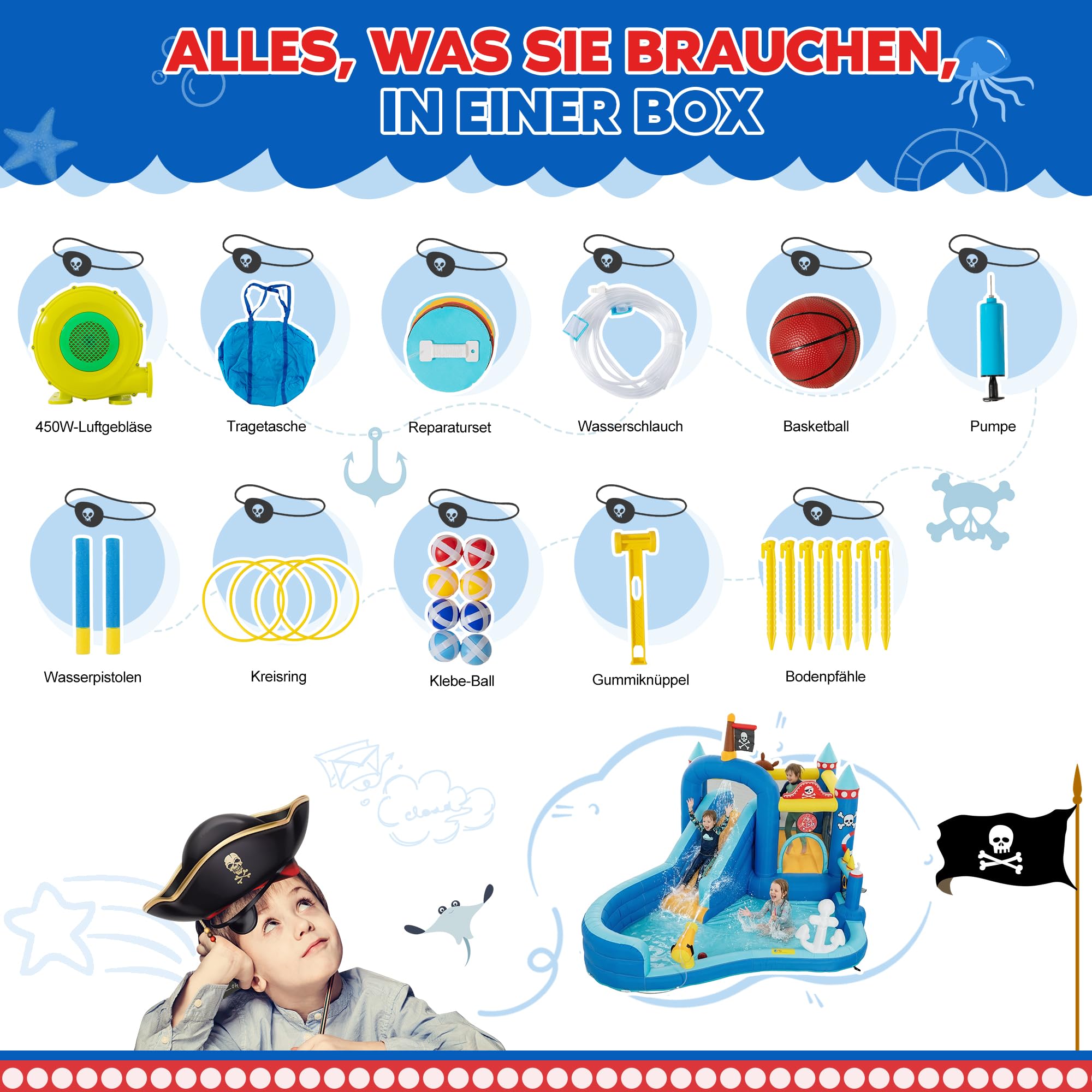 UEV Aufblasbare Hüpfburg XXL Indoor & Outdoor mit Gebläse 450W, EN71-1/2/3 | extra breiter Wasserrutsche, für Kleinkinder (3-8Jahre), Kindergeburtstag, 444x348x260 cm