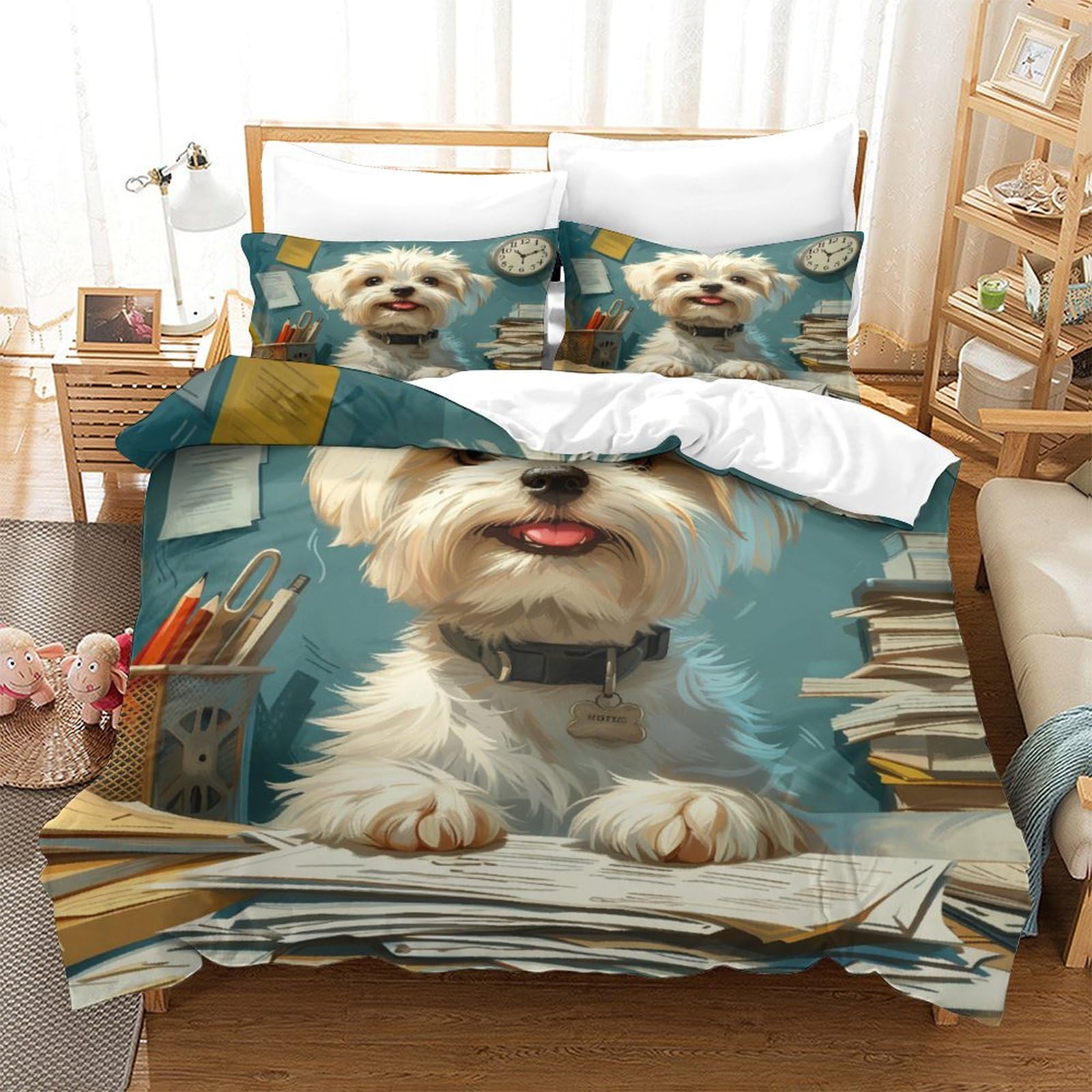 Housses de couettes microfibre super douce respirante motif 3D Chien Maltais parure Super King