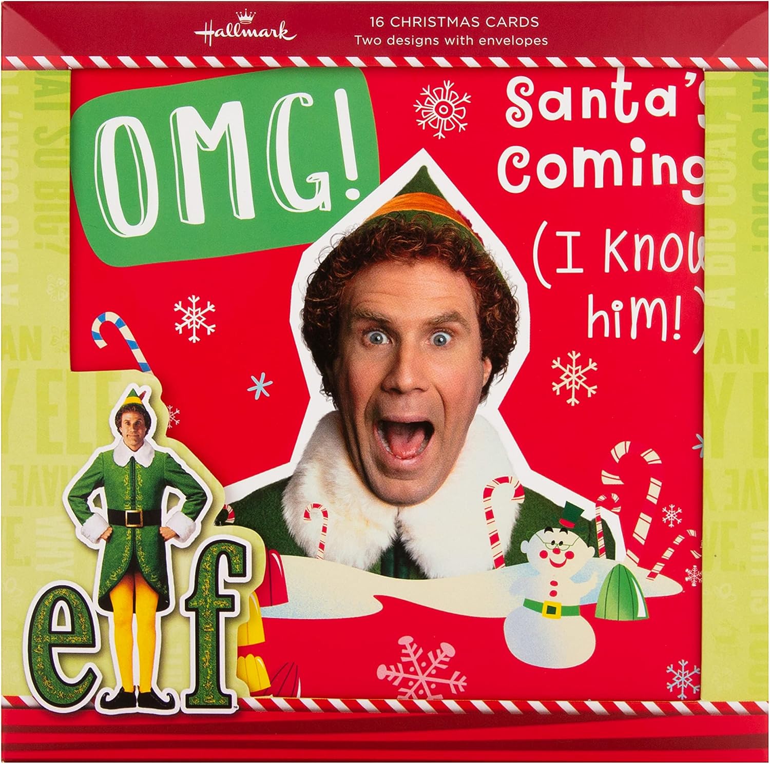 Hallmark Christmas Cards, Pack of 16, 2 Buddy the Elf Designs, Fun Christmas Cards,Red