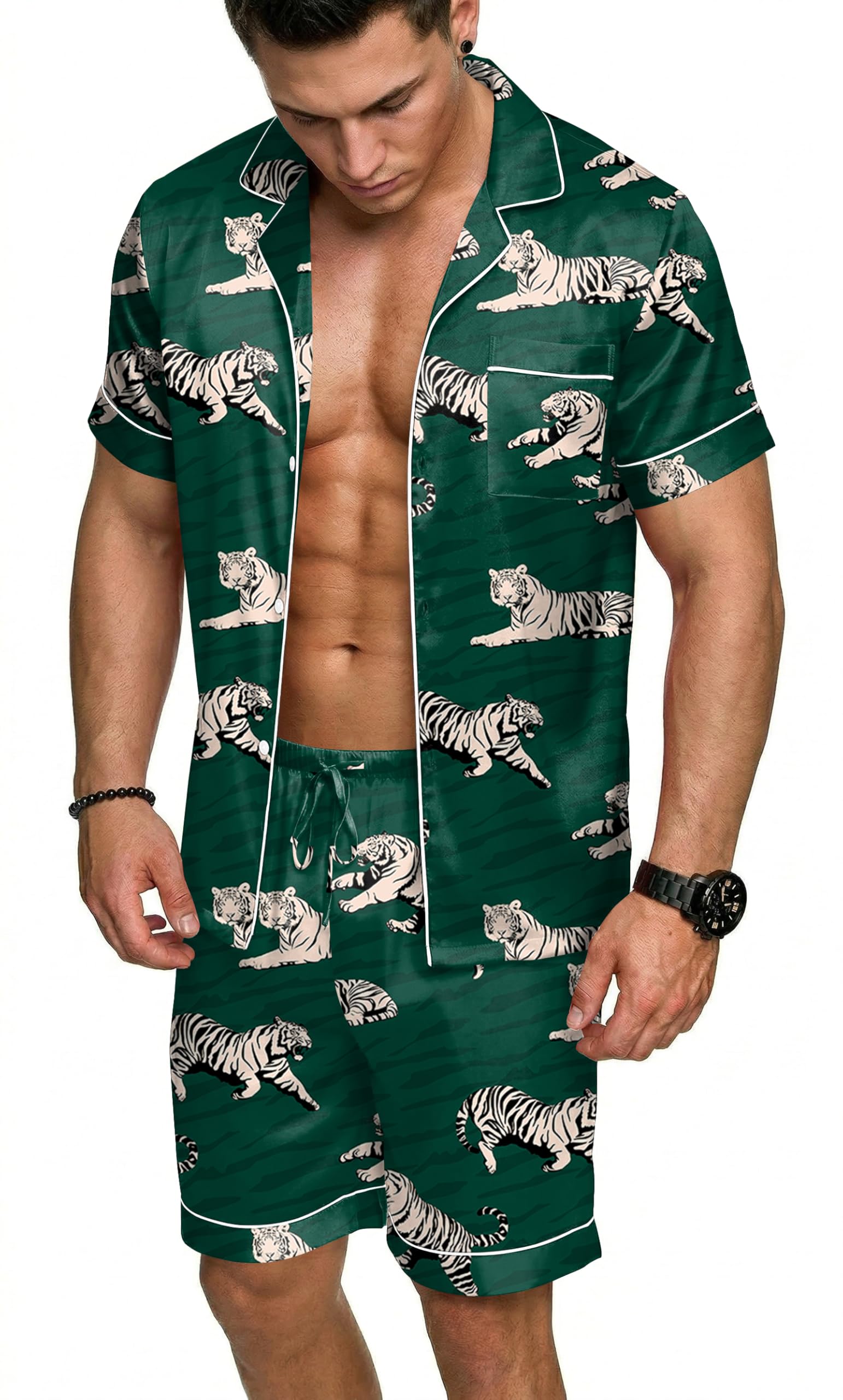 Ekouaer Mens Silk Satin Pajamas Set, Short Sleeve Sleepwear Lightweight Button Up Lounge Pjs Set with Pockets S-4XL — view 20