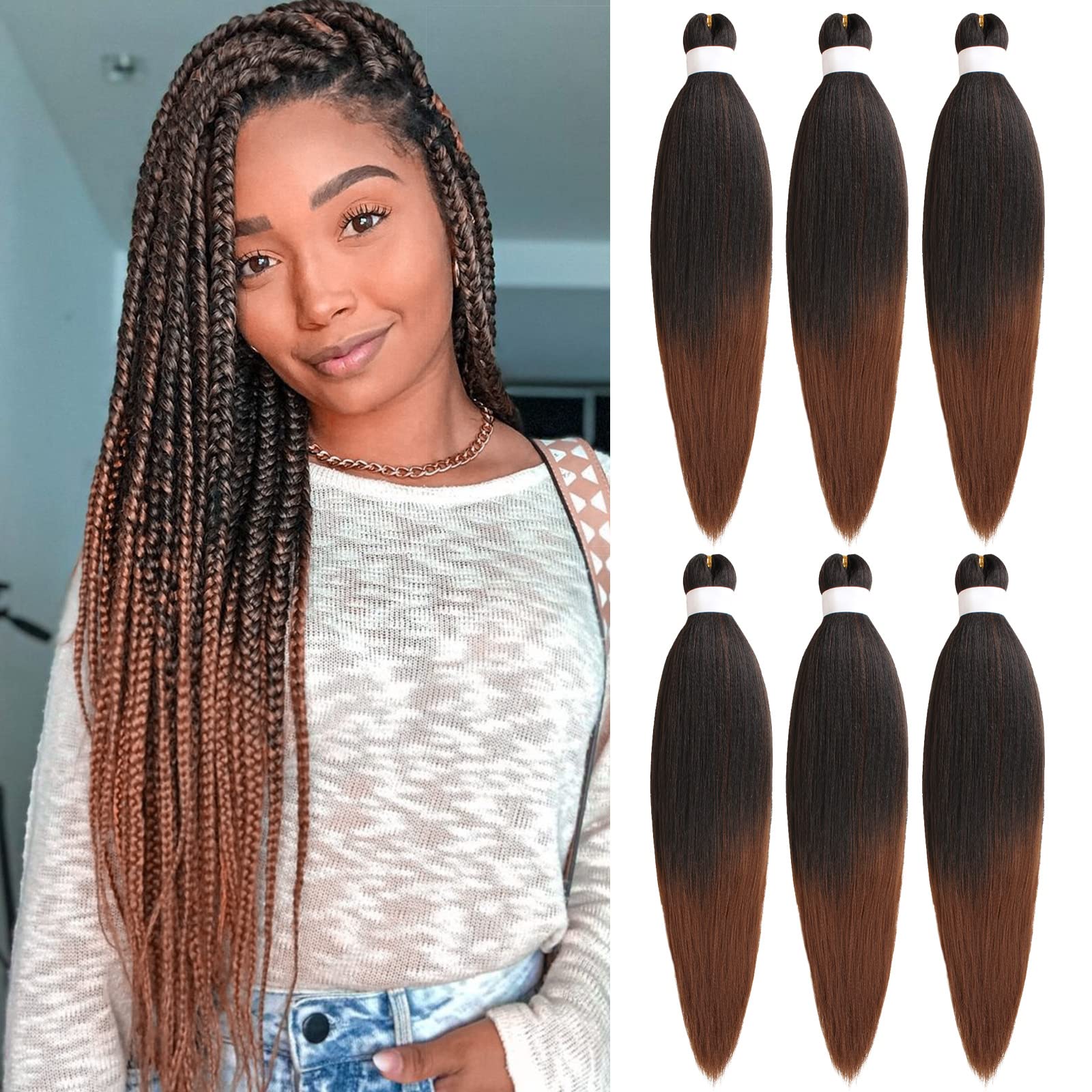 Samtress 24 Inch Pre Stretched Braiding Hair 6 Packs Ombre Brown EZ Briad Yaki Texture Kanekalon Synthetic Braiding Hair for Crochet Braids Itch Free Hot Water Setting (#T30)