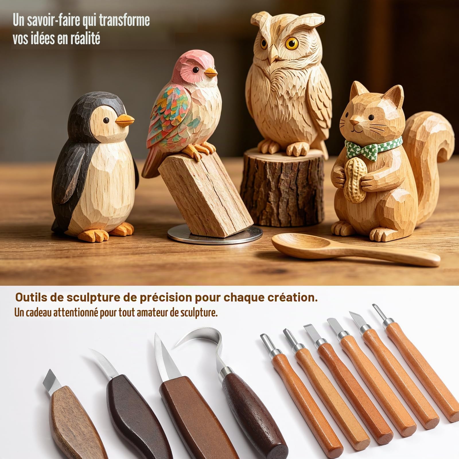 Kit Sculpture Bois 28 Pcs – 12 Couteaux à Bois, Blocs & Affûteur | Lames acier chrome-vanadium, manches en noyer antidérapants. Tout le nécessaire pour sculpteur débutant ou confirmé