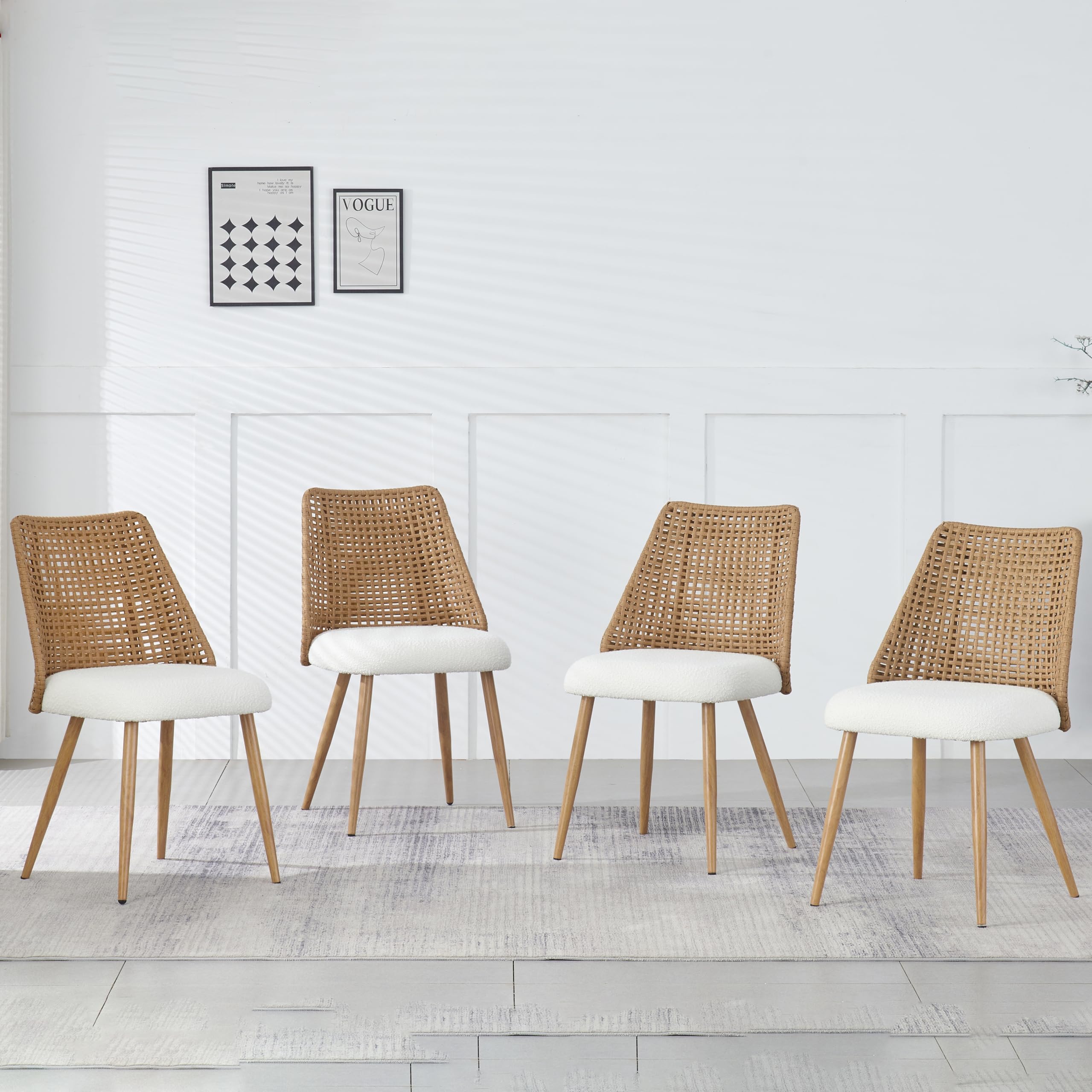 YLKHOME Rattan Dining Chairs Set of 4, Dining Chair with Mid-Century Metal Legs, Rattan Backrest and Metal Basket, Upholstered Kitchen Dining Chairs