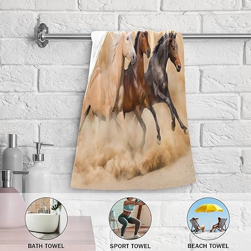 Miniatura 5 de Juego de 2 toallas de mano de caballo corriendo para baño, color marrón y negro en arena del desierto, toallas de cocina de animales de 28 x 14
