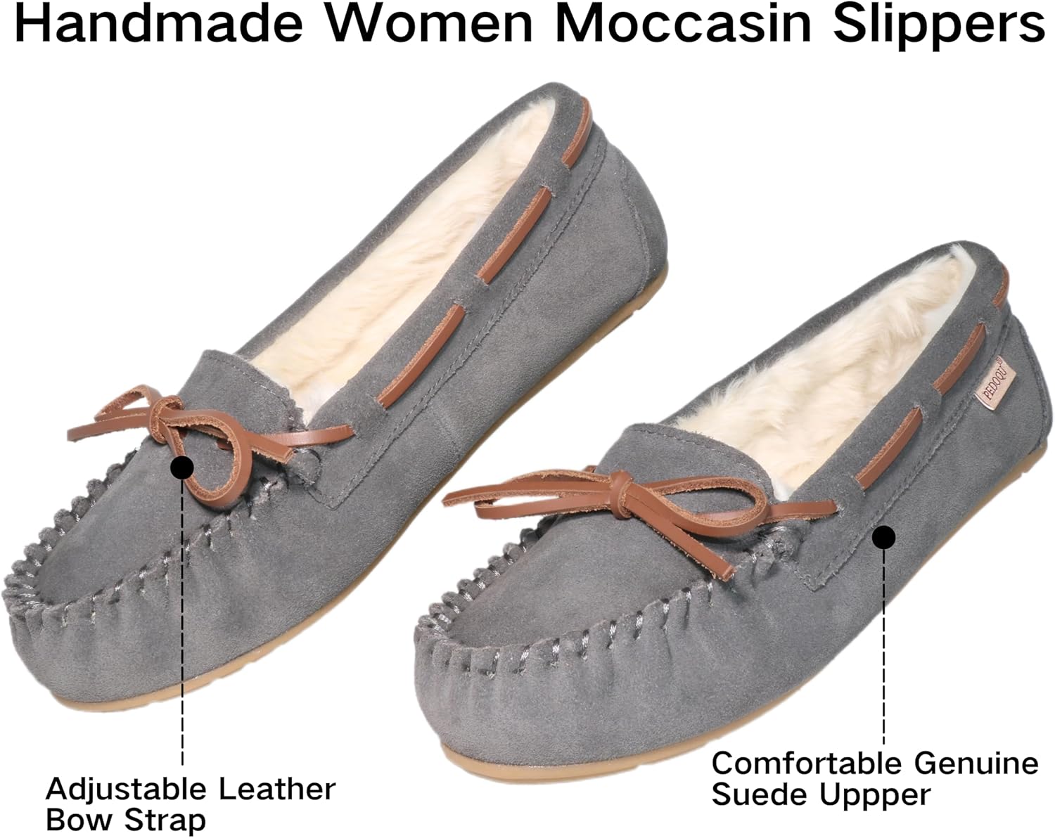 Women's Moccasin Slippers Cow Suede Warm Faux Fur Pile Lined Lace-Up Cozy Bow Indoor & Outdoor Moccasins Slip On Loafers Shoes for Women - Image 3