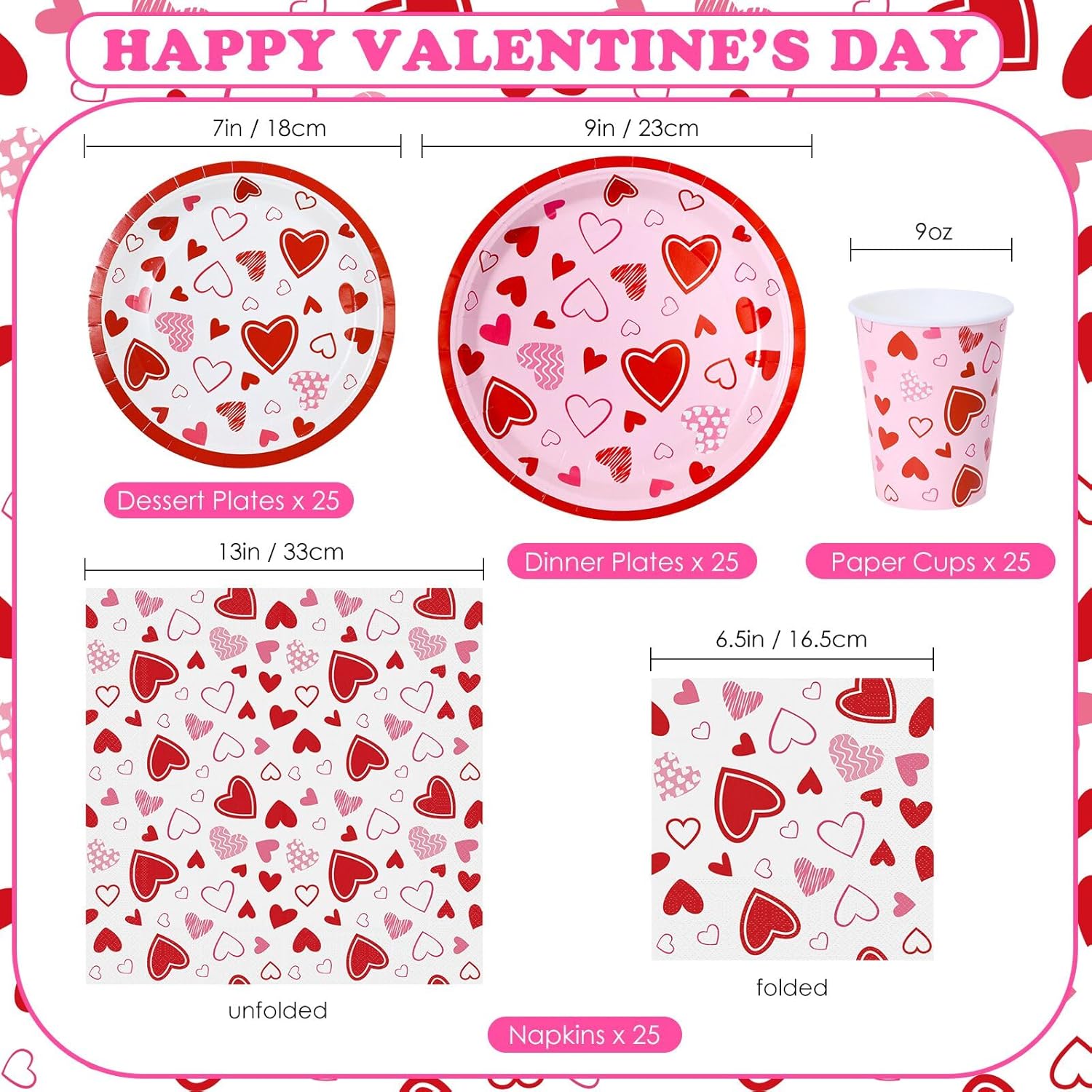 YY 100 Valentine's Paper Plates Napkins and Cups Set Disposable Dinnerware for Happy Valentine's Day - Image 2