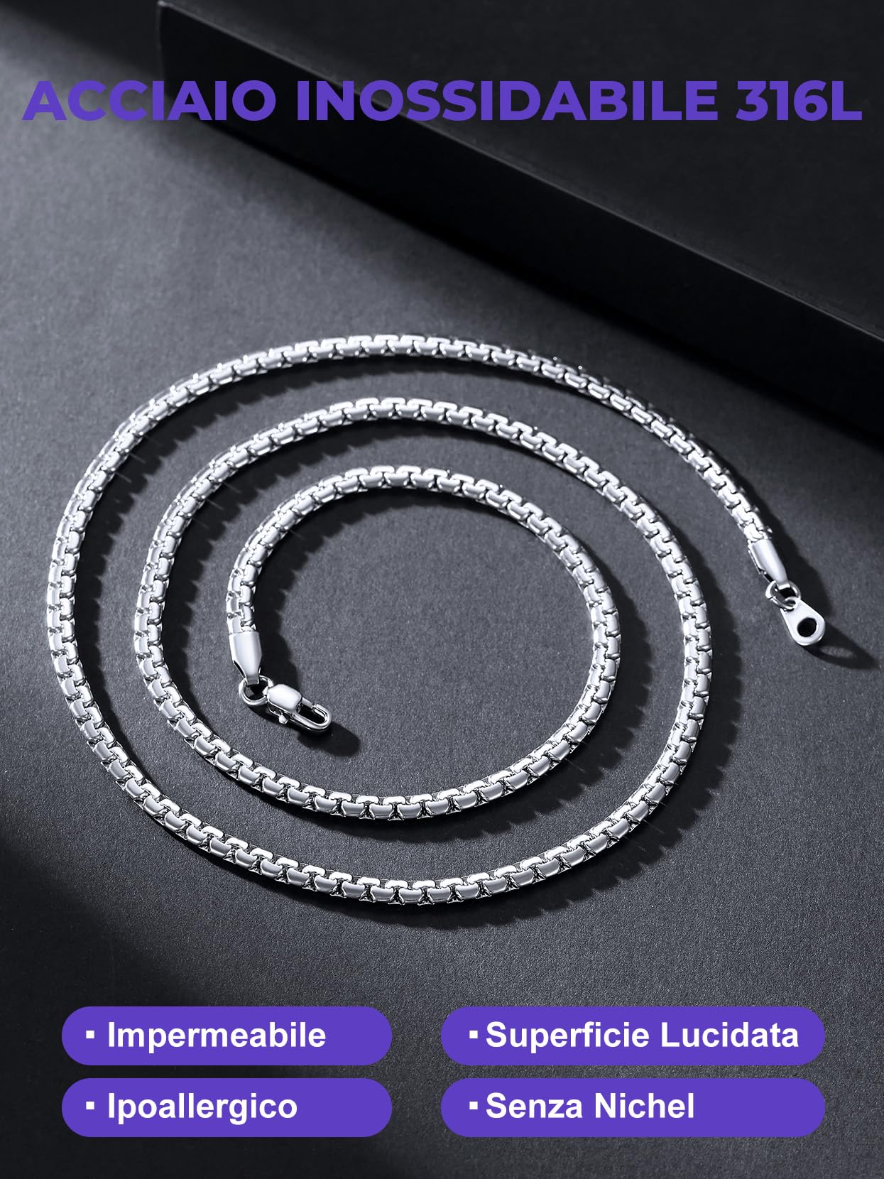 Richsteel 2/4/6MM Collana Uomo Donna a Maglie Veneziana in Acciaio Inossidabile, Catena Briolette Argento/Oro/Nero Lunghezza 35-76CM