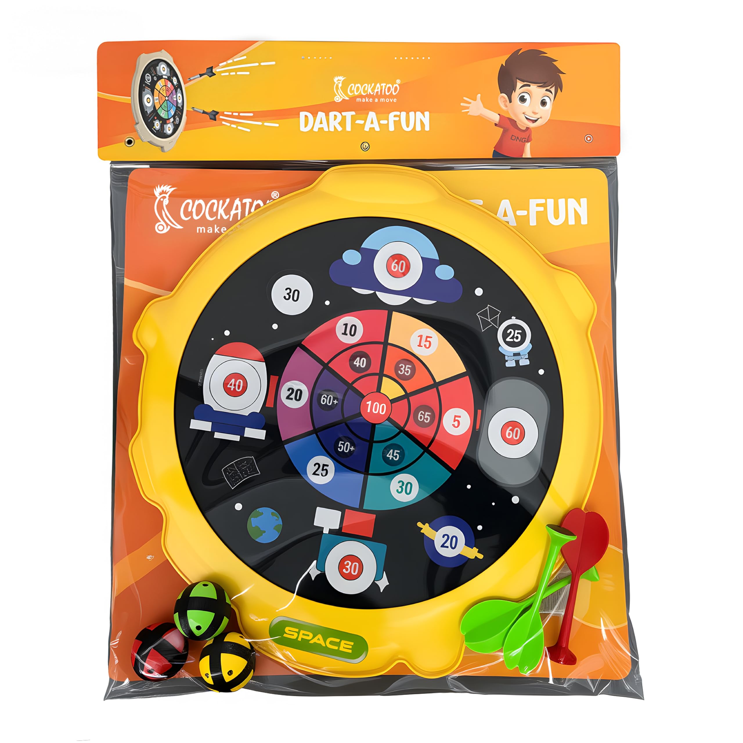 Cockatoo Kids Dart Board Set β Yellow, 35cm Soft Foam Dartboard with 3 Safe Darts & 3 Balls, Indoor & Outdoor Fun Game Toy for Boys & Girls Age 2+, Improves Aim, Focus, Coordination & Motor Skills 2