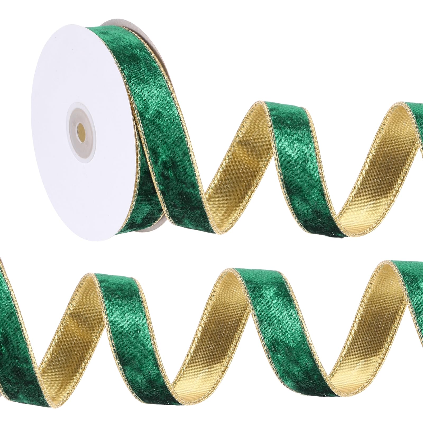 PATIKIL 1 Inch x 10 Yards Velvet Wired Ribbon, Velvety Gold Crushed Ribbons Single Faced Gift Wrapping Binding for Crafts Bow Wreaths Chrismas Tree Decorations, Green