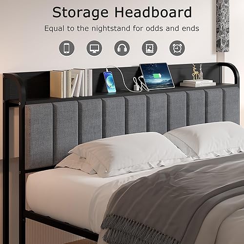 Miniatura 3 de VECELO Base de cama matrimonial, cabecera tapizada de almacenamiento con estación de carga, marco de cama de plataforma, listones de metal
