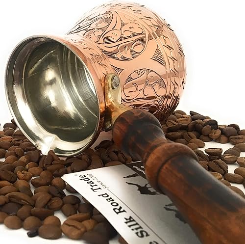 Miniatura 4 de Serie PC (grande – 14 onzas líquidas) – Cafetera árabe griega turca grabada de cobre macizo más grueso, mango de madera, resistente, cafetera