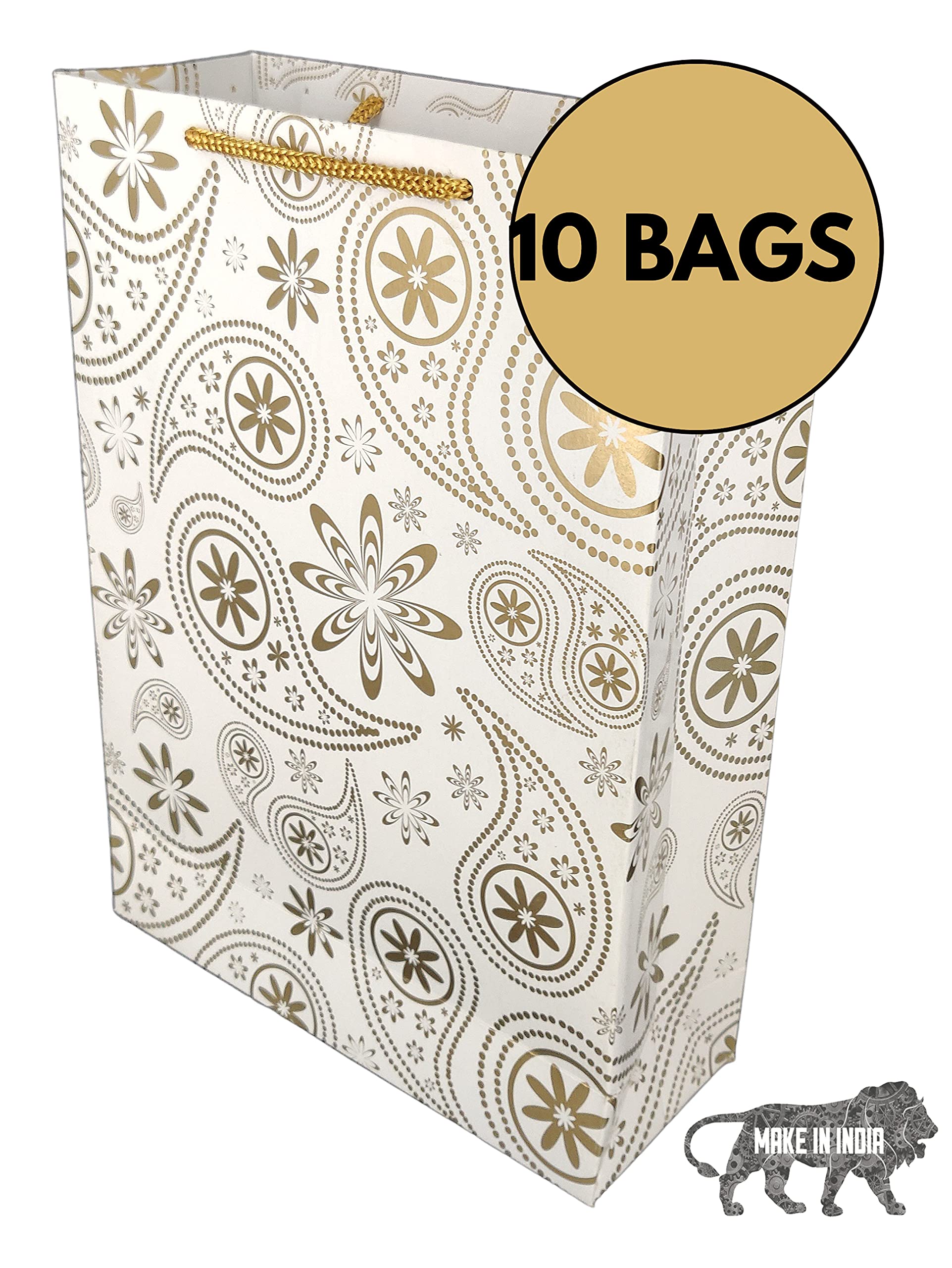 Arrow Paper Products Golden Mehendi Design Paper Gift Bags for Gifting, Weddings, Birthday, Holiday Presents (20.32 x 7.62 x 27.94 cm) Pack of 10 1