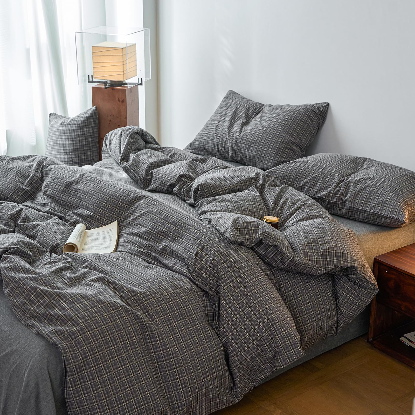EAVD Vintage Plaid Gingham Duvet Cover Full 100% Washed Cotton Grey 3-Piece