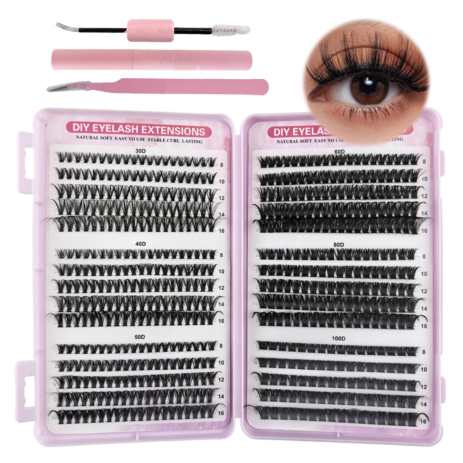 VEGCOO 570 Pezzi Ciglia Finte Ciuffetti, 30-40-50-60-80-100D Kit Extension Ciglia, Curl Ciglia Finte Ciuffetti 8-16mm, DIY Eyelash Extension Kit con Accessori