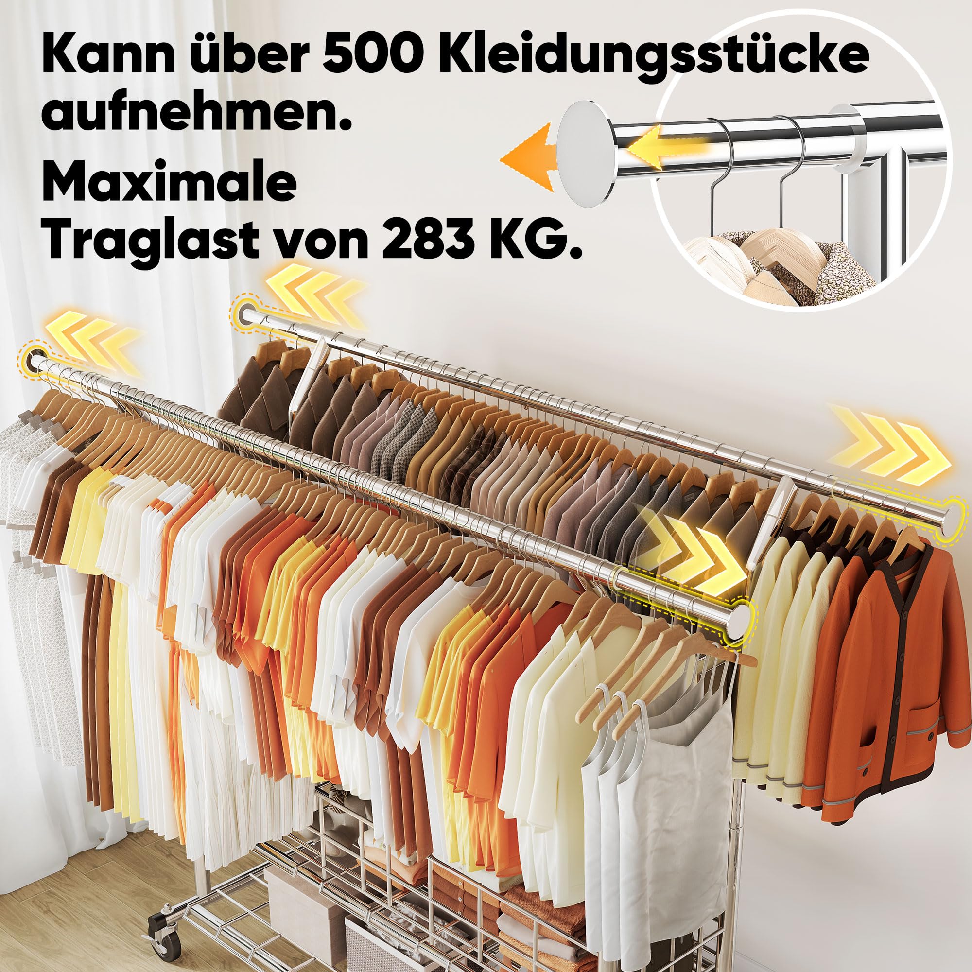 HOKEEPER Schwerlast Kleiderständer auf Rollen, Doppelter Kleiderstange, bis 283 kg belastbar, Industrie-Design, Garderobenständer mit Ablage& Wäschekorb,ausziehbare Länge und Höhe,Chorm
