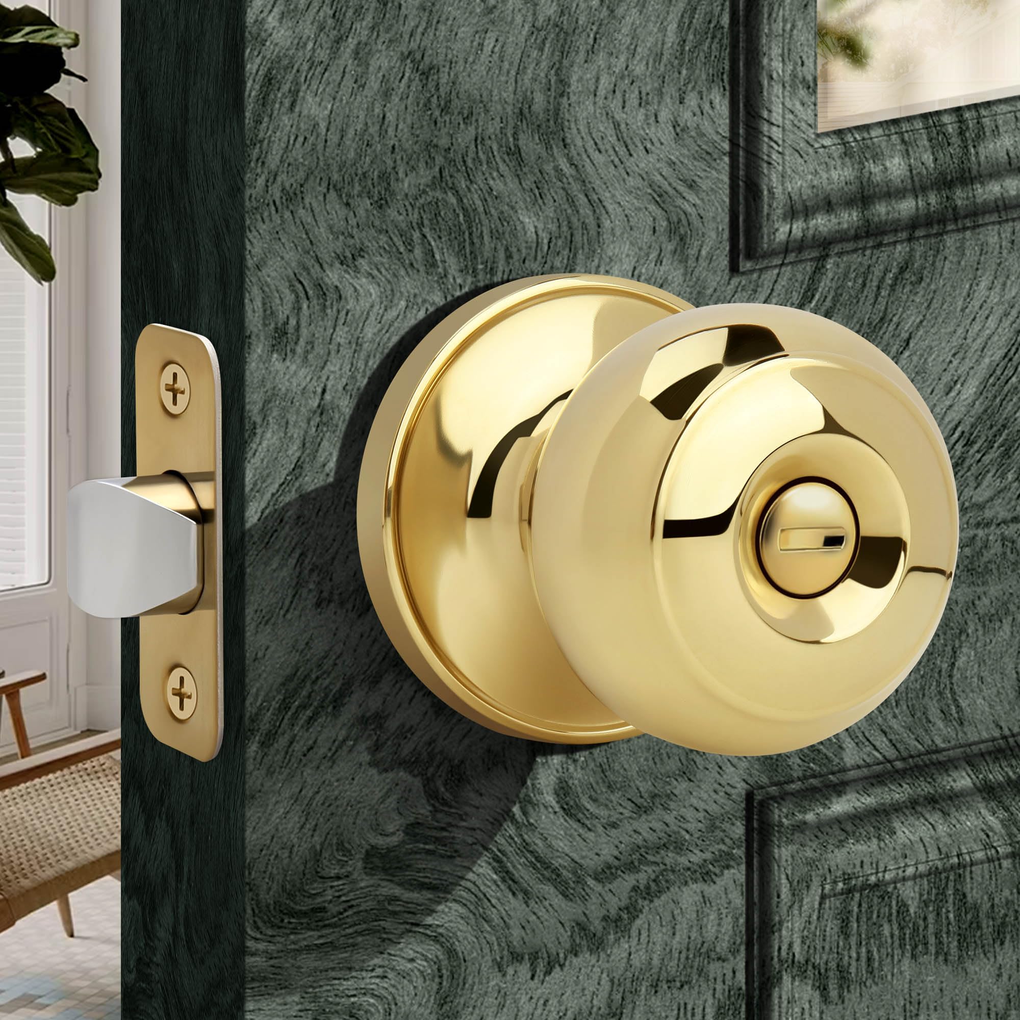 Moquin Gold Privacy Door Knob with Lock, Keyless Interior Flat Ball Door Knob for Bathroom or Closet, Polished Brass
