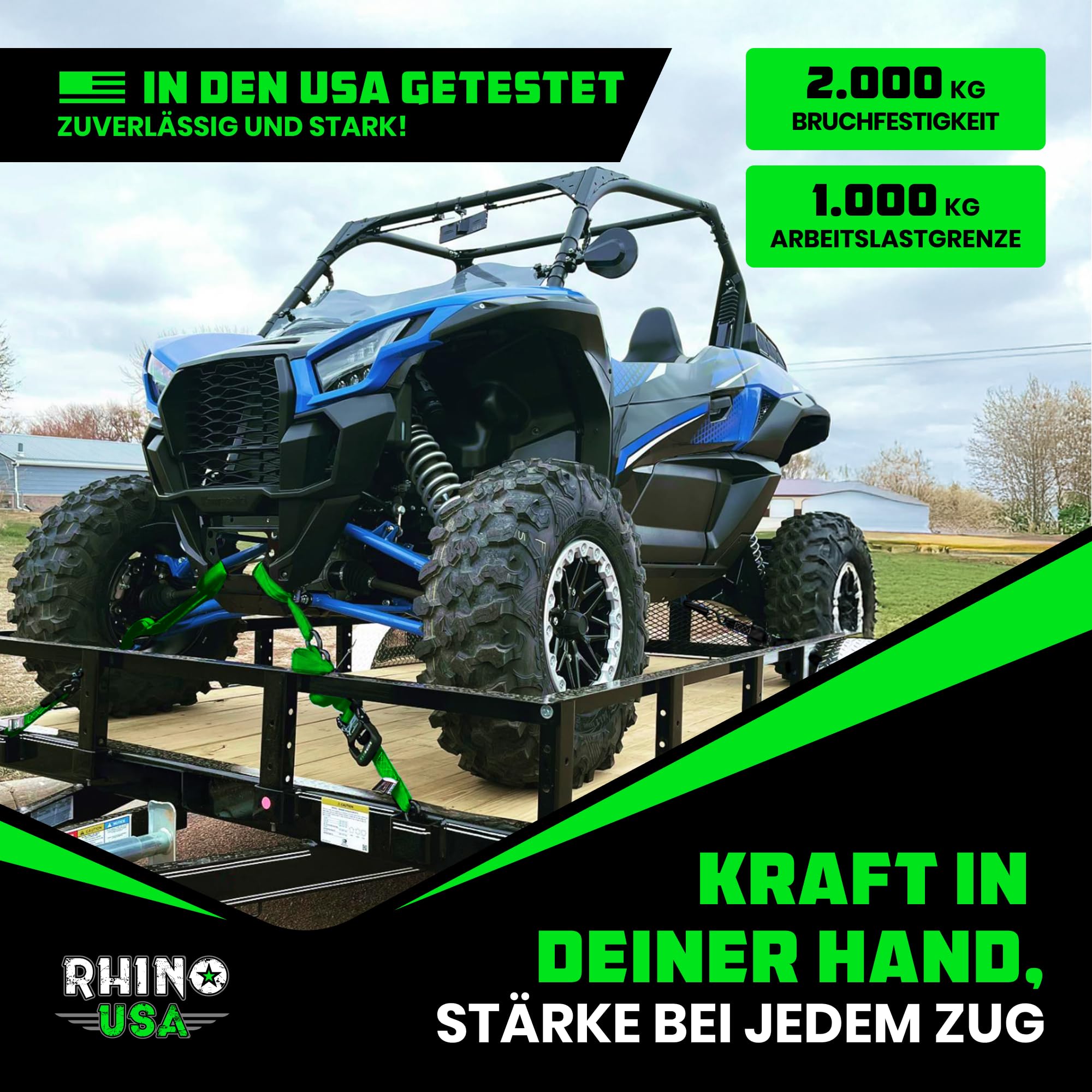 Rhino USA Schwerlast-Ratschengurt-Kit (4er-Pack) – 4 cm x 2,4 m (2.000 kg Bruchlast) – Ultimative Zurrgurte mit Sicherheits-S-Haken für LKWs, ATV, UTV, Motorräder, Ladung und mehr – Grün