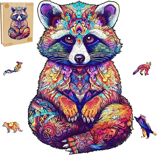 WOODBESTS Rompecabezas de madera para adultos, rompecabezas de animales de mapache (S, 100 piezas, 7.9 x 5.4 pulgadas), hermosa caja de madera,