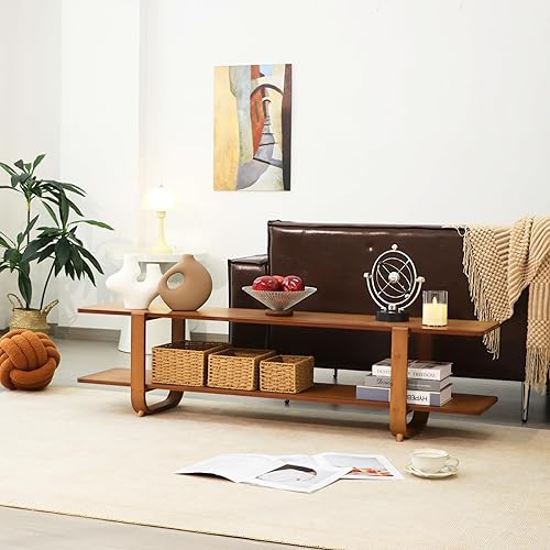 Miniatura 8 de Soporte de TV de bambú para televisores de hasta 65 pulgadas, mesa consola de TV multimedia con almacenamiento, centro de entretenimiento con