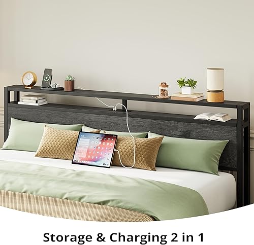 Miniatura 30 de LIKIMIO Base de cama Queen con cabecera de almacenamiento, cama de plataforma con cajones y estación de carga, no necesita somier, fácil montaje,