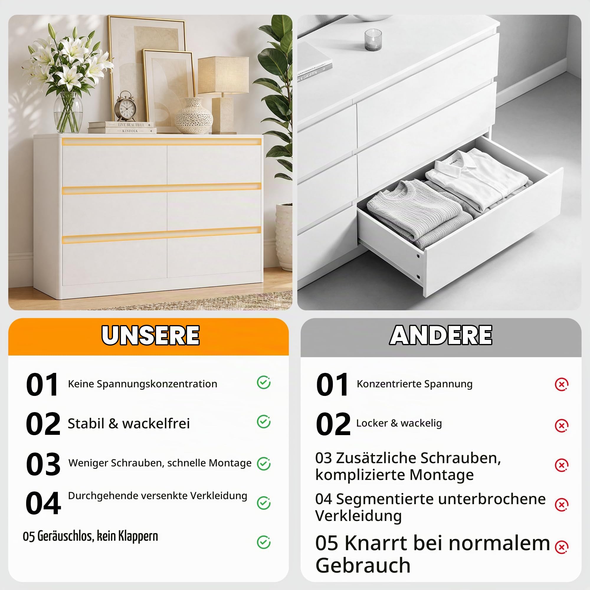 Kommode mit 6 Schubladen, Wackelfreier Stauraum fur Schlafzimmer