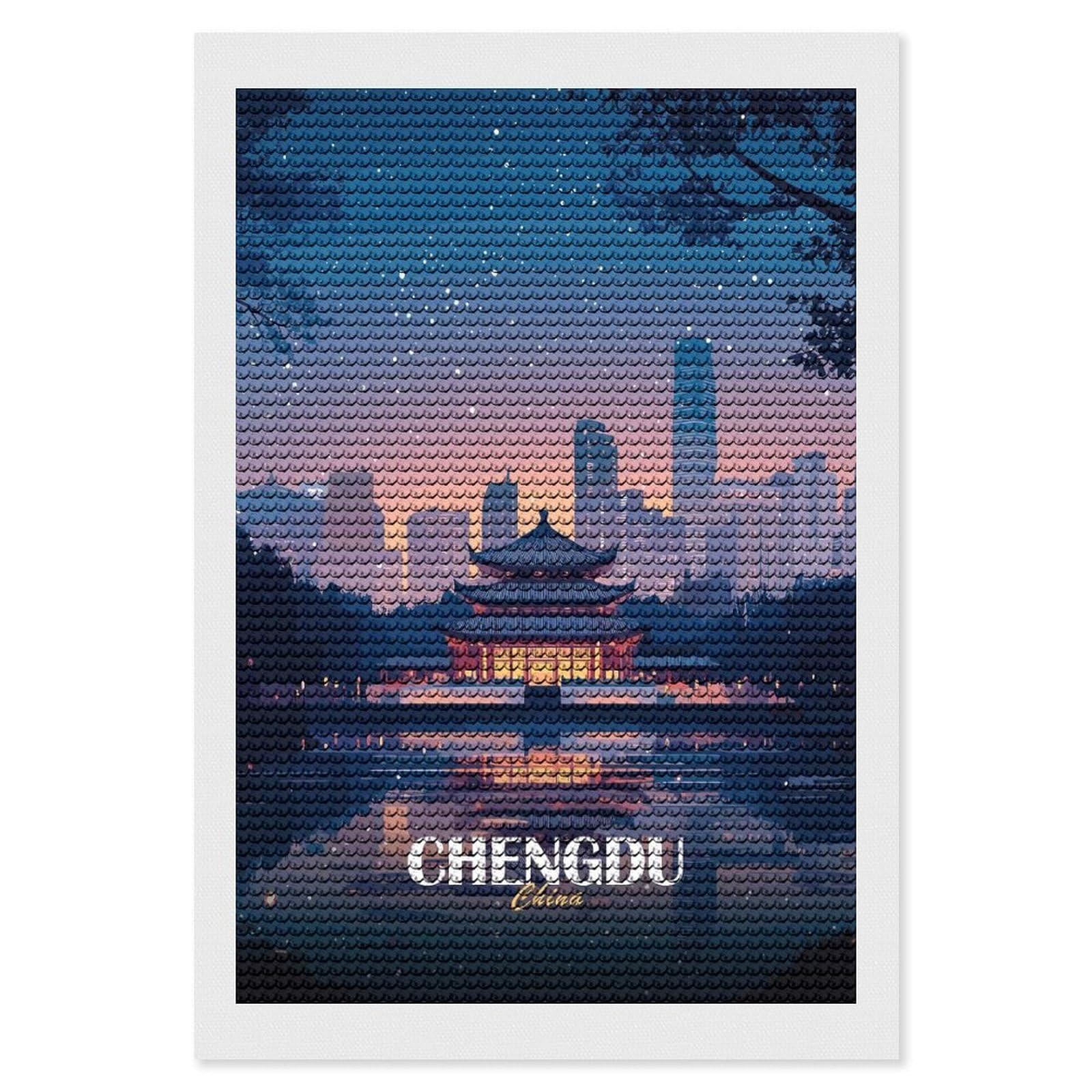 Junmoney Chengdu China Cityscape at Night Diamond Art Kit 8"x12", Vintage Style Decor, Stress Relief Craft, Decor Project, Relaxing DIY, Creative Hobby