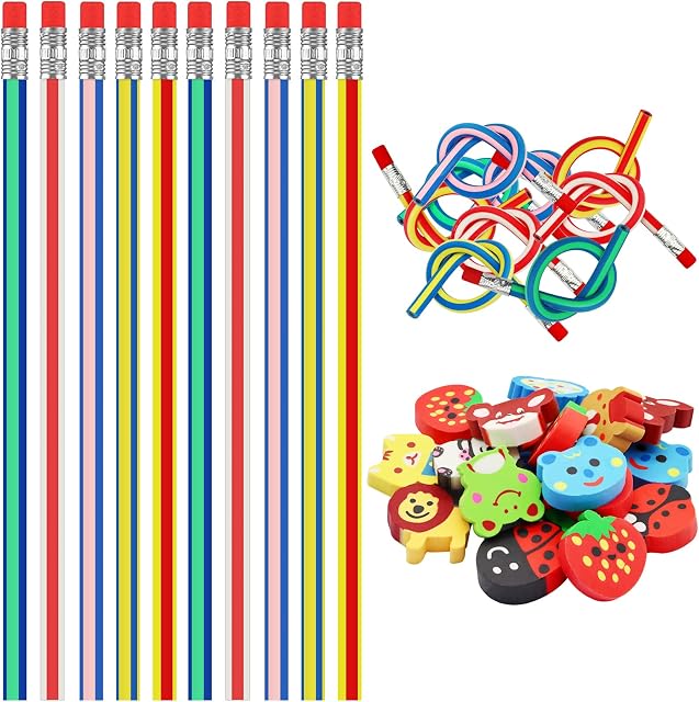 Yeelua Magic Bendy Pencils, 10 Pcs Soft Flexible Bendy Pencils and 20 Mini Cute Animal Erasers for Kids, Novelty Party Bag Filler Set, Fun pencils and Rubbers Eraser Bendy Pencils Set for Party Bags