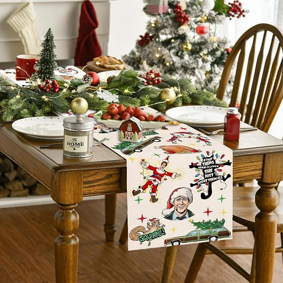 Christmas Vacation Table Runner Red and Green Vaction Xmas Table Cover Winter Seasonal Holiday Decor Merry Christmas Decorations for Home Party