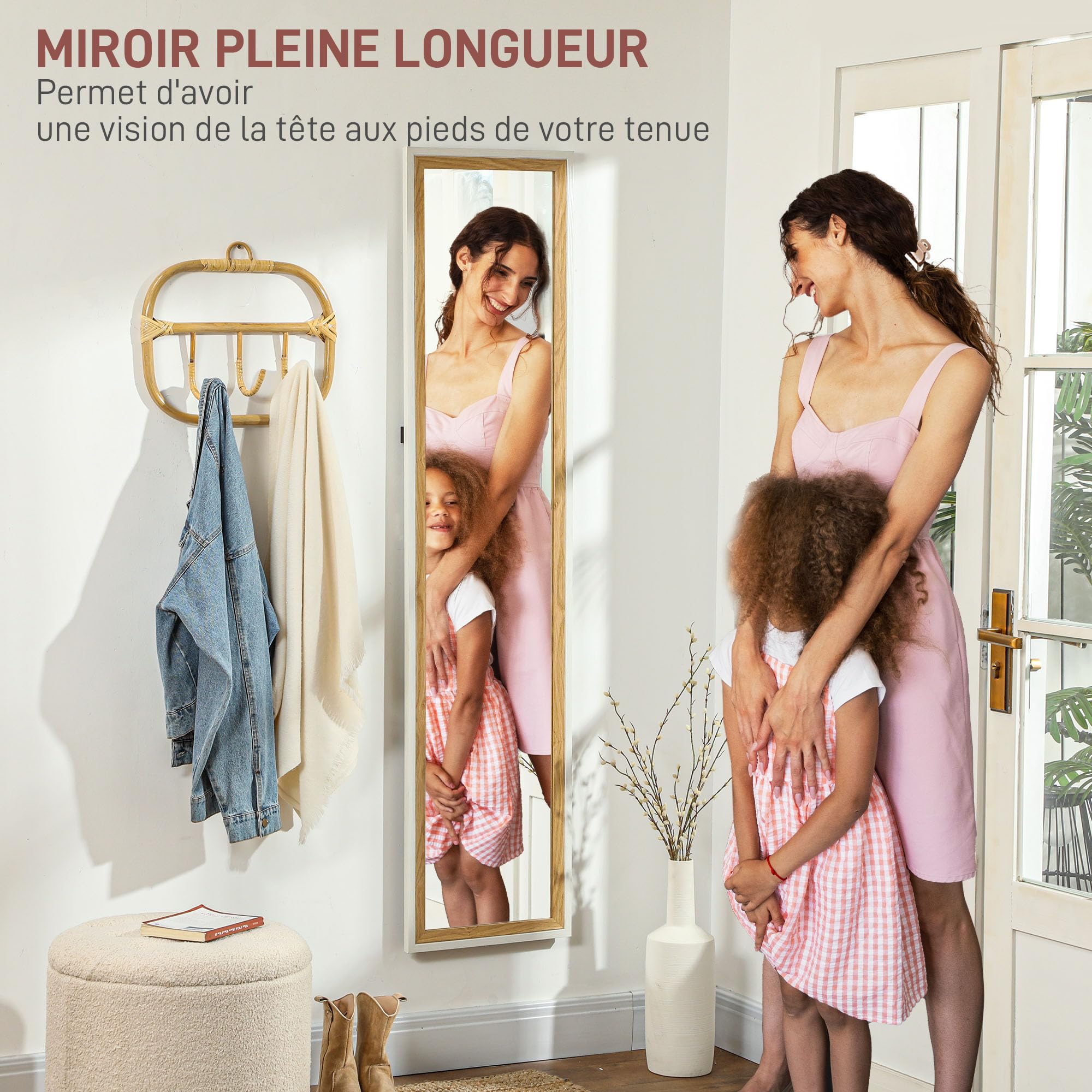 HOMCOM Specchio da pavimento completo, lunghezza 157 x 37 cm, specchio su piedistallo rettangolare con telaio in effetto legno, montaggio a pavimento, sospeso o appoggiato contro la parete, per