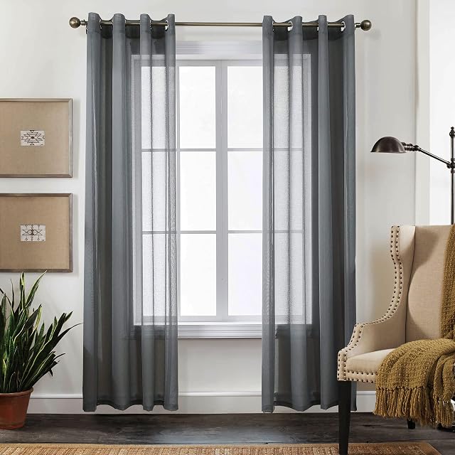 CUCRAF Transparent Voile Curtains 2 Panels Faux Linen Look Grey Eyelet Sheer Curtain for Bedroom Living Room 55x90Inch Drop
