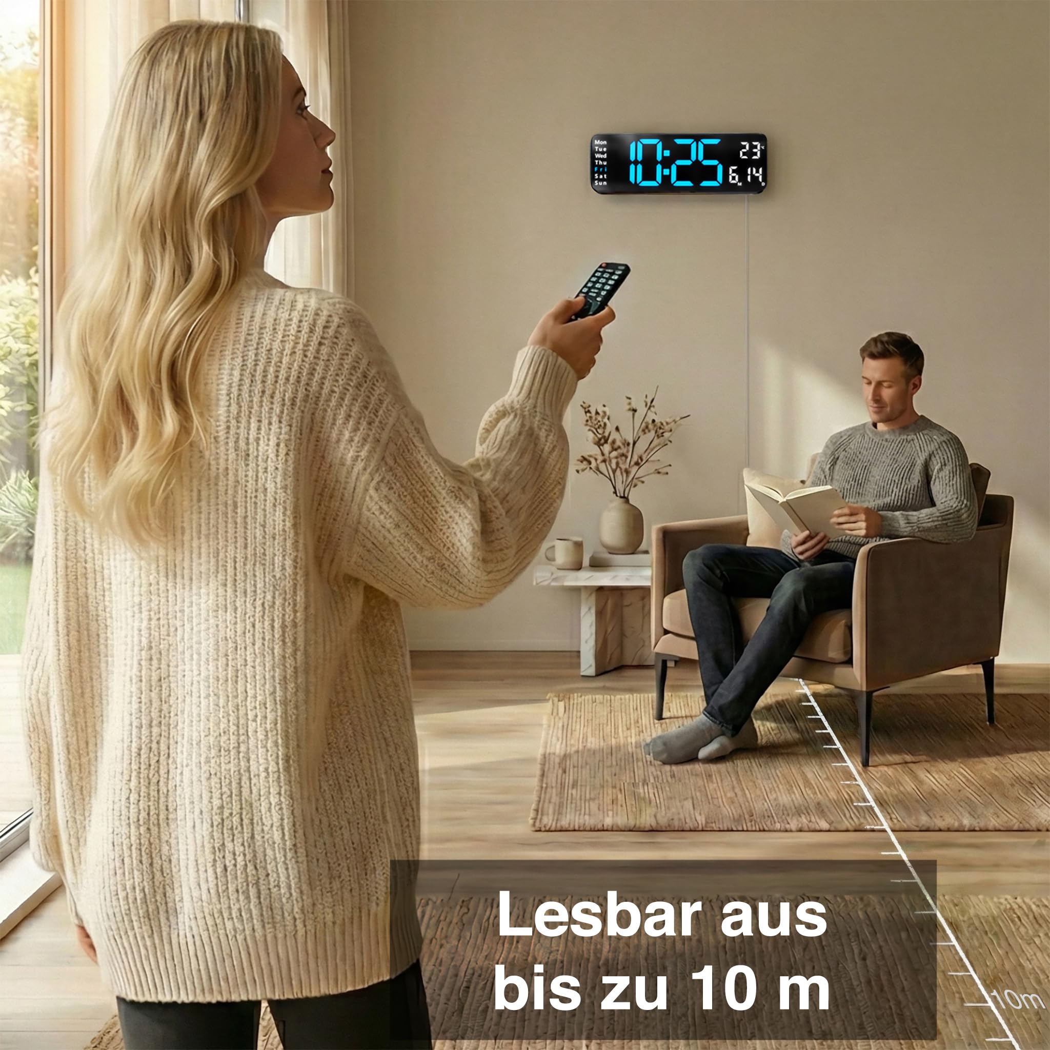 Opis Technology Clock 1 XL - Digitale Wanduhr - Retro LED Wand Uhr mit Fernbedienung, Timer & Wecker, Temperaturanzeige, dimmbares Display, Blau/Weiß