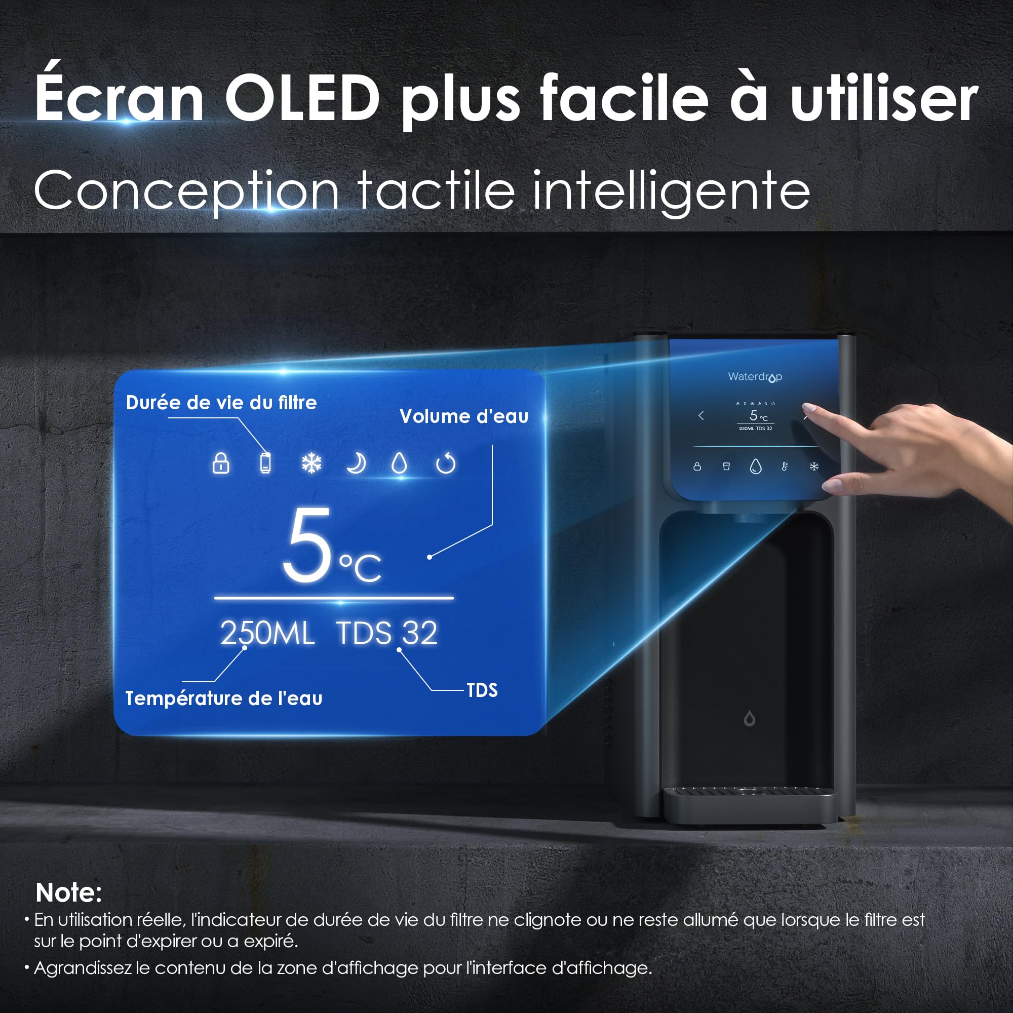 Waterdrop WD-A1 Système d'Osmose Inverse de Comptoir, Distributeur d'eau Chaude et Froide, Norme NSF/ANSI 58, Refroidisseur d'eau sans Bouteille, 6 Réglages de Température, 2:1 Pure à l'Égouttage