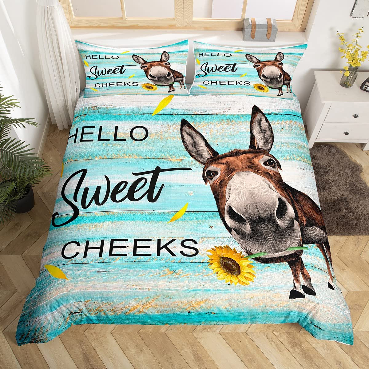 Manfei Donkey Duvet Cover Set Single Size, Yellow Flower Animal Bedding Set 2pcs for Kids Boys Girls Bedroom Decor, Vintage Wooden Board Comforter Cover Rustic Farmhouse Quilt Cover with 1 Pillowcase