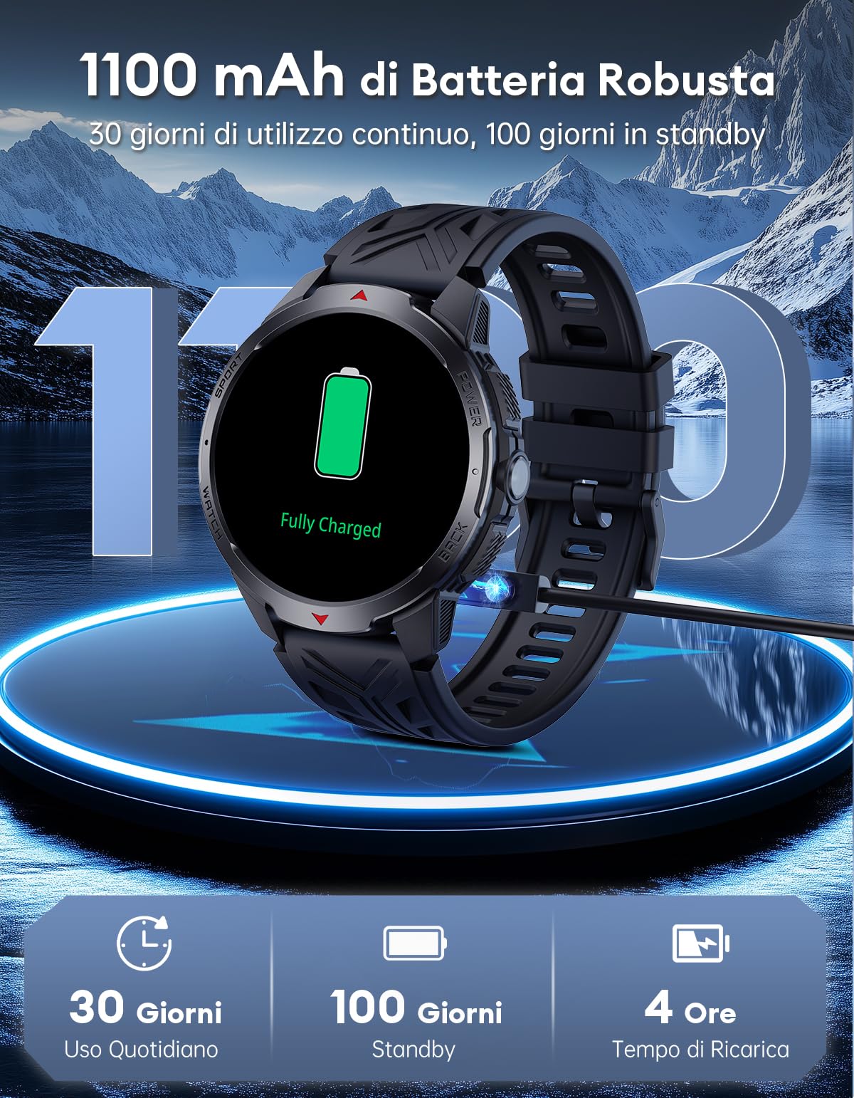 Smartwatch Uomo - 1100mAh/30 Giorni Batteria Lunga Durata, 1,7'' Orologio Smartwatch Militare con Torcia/Bussola/Impermeabile 3ATM/Cardiofrequenzimetro/SpO2/Sonno per Android iOS, Nero