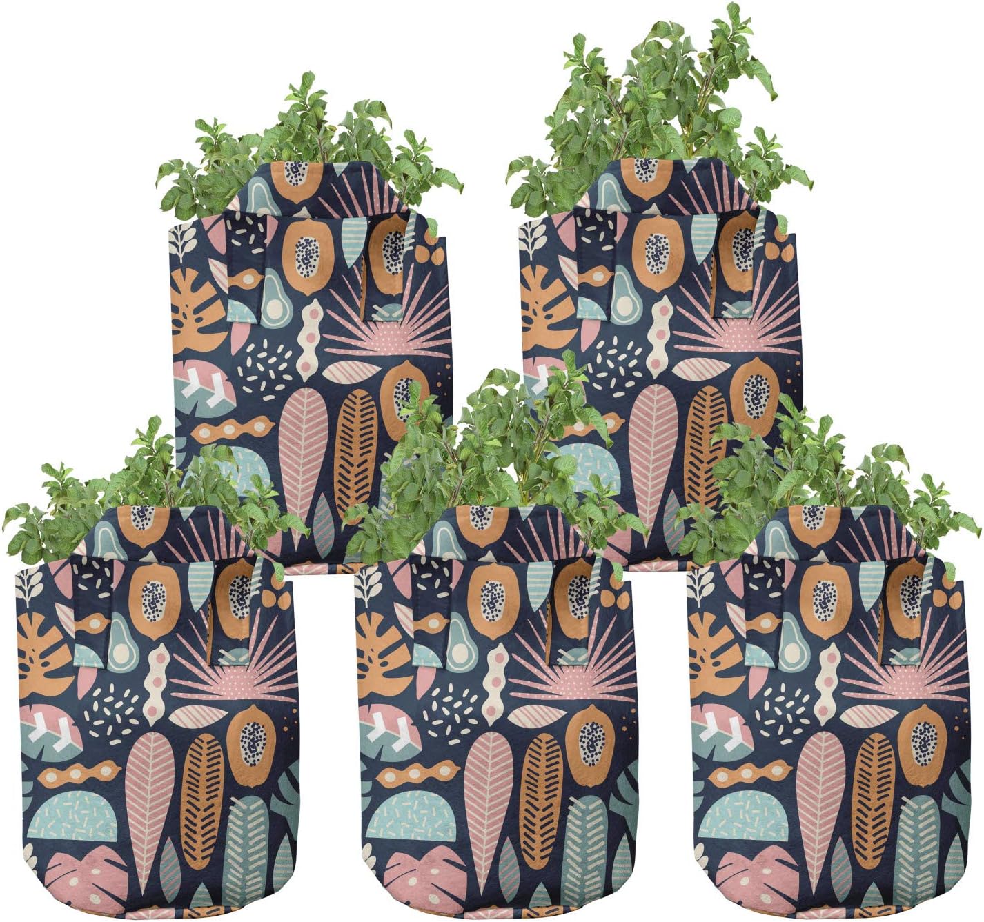 Ambesonne Tropical Grow Bags 5-Pack, Ornamental Jungle Elements, Heavyduty Fabric Pots with Handles for Plants, 7 Gallon, Multicolor