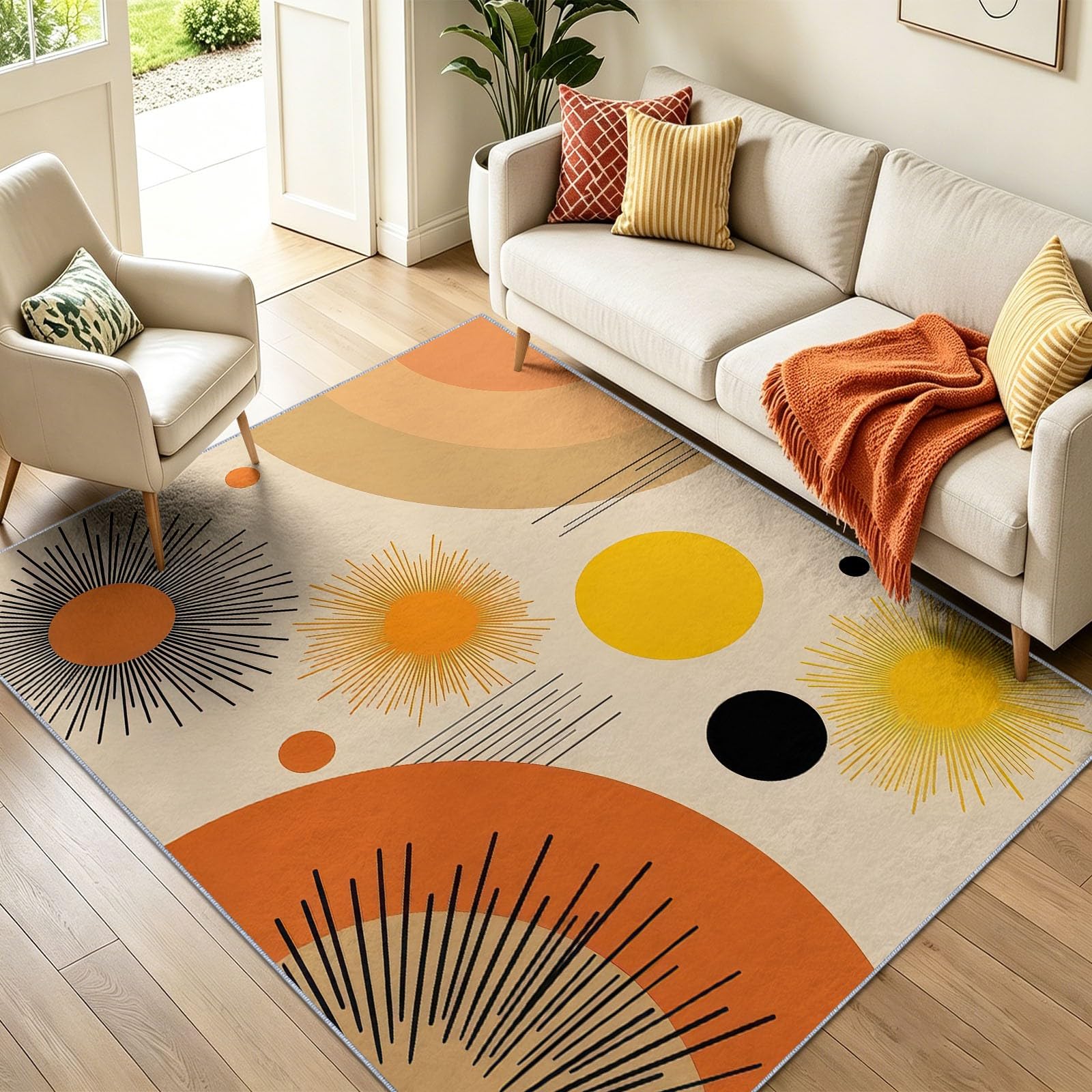 Retro Mid-Century Modern Teppich 80 x 150 cm Teppich Wohnzimmer Kreis Sonne Linie Geometrisch Kurzflor Waschbarer Teppiche Schlafzimmer Weich rutschfest Teppiche für Kinderzimmer Esszimmer, Orange