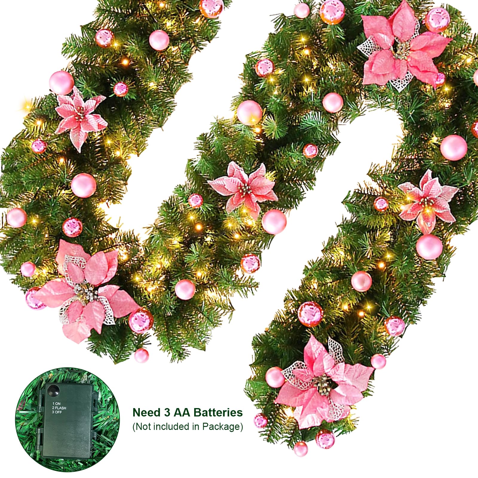 Weihnachtsgirlande, 2,7 m Weihnachts-Rattan, künstliche Blumenranken, Pflanzen, Innen- und Außenbereich, Garten, Kamin, Treppe, Tür, Weihnachtsgirlanden, Dekorationen, batteriebetrieben