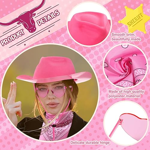 Miniatura 3 de Newcotte El juego de 18 sombreros de plástico de vaquero occidental incluye 6 sombreros, 6 bandanas de cachemira, 6 pares de gafas de corazón para