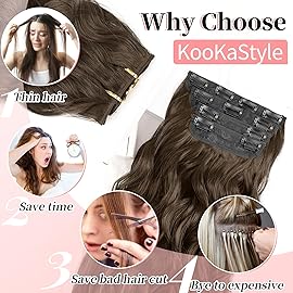 KooKaStyle Clip in Synthetic Hair Extensions Long Wavy 4PCS Thick Hairpieces Chestnut Brown Fiber Double Weft Natural Hair Extensions 20 Inch for Women